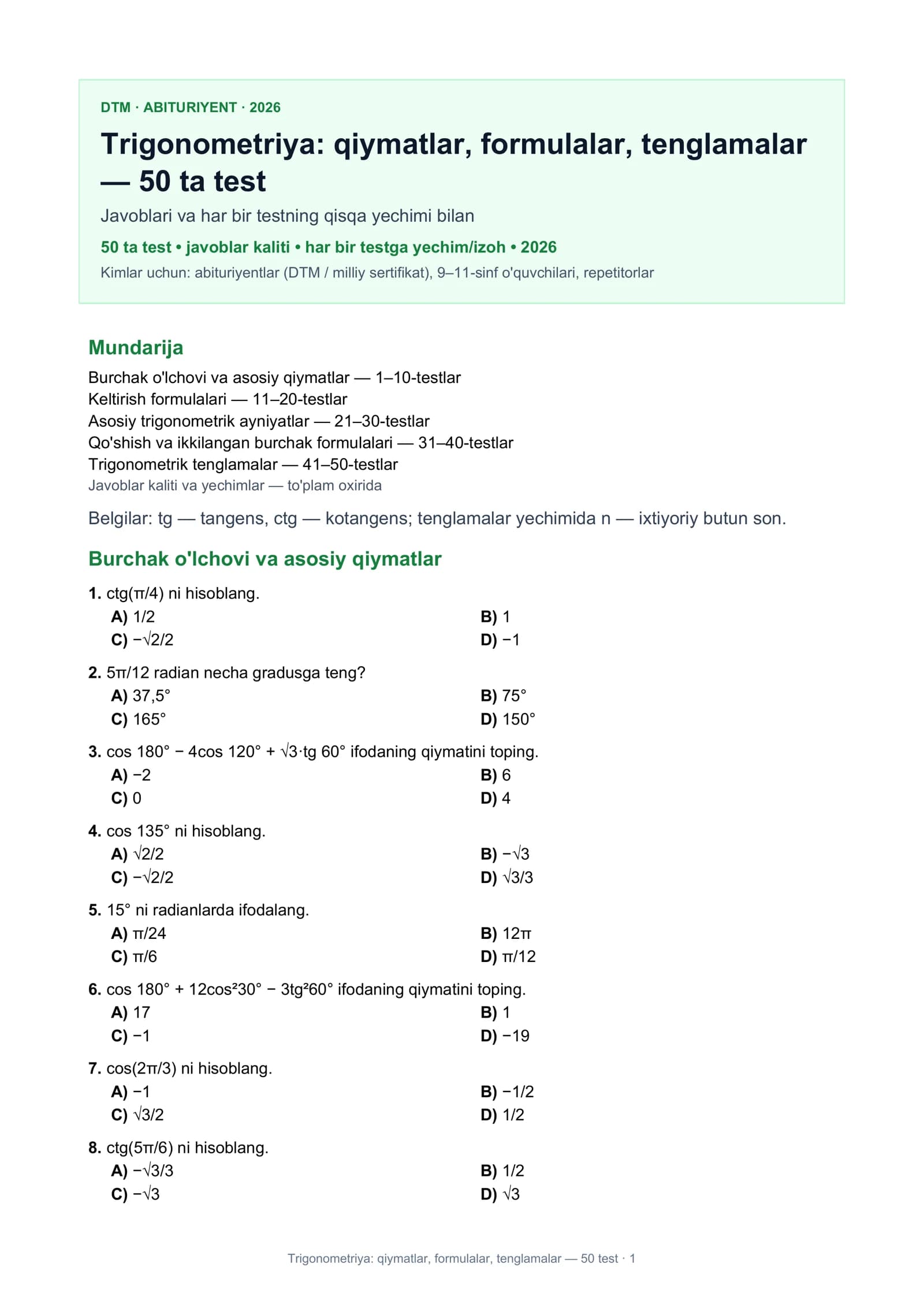Trigonometriya: qiymatlar, formulalar, tenglamalar