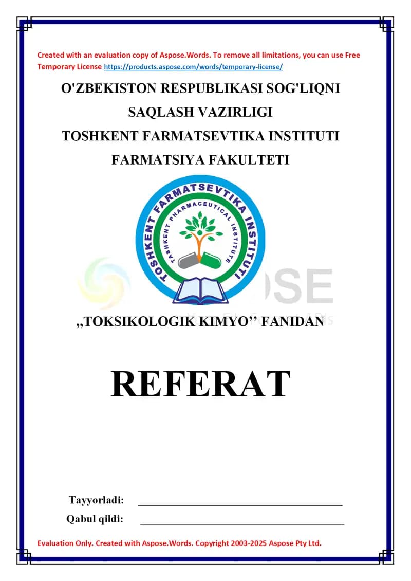 10. Tetraetilqo'rg'oshin. Toksikologik ahamiyati,  ashyoviy dalillardan ajratib olish va tahlil usullari. Referat 9 bet.