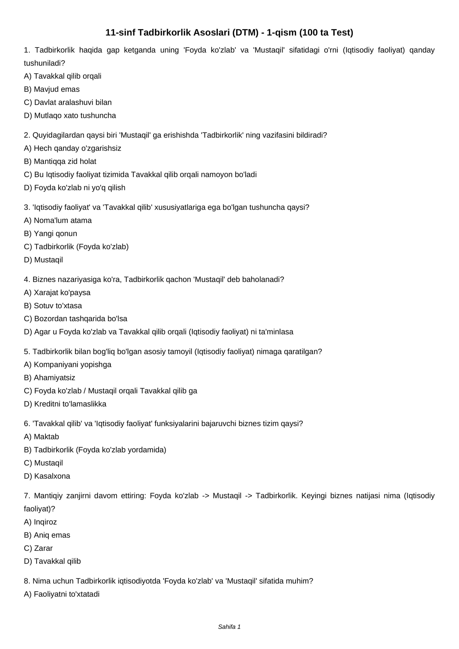 11-sinf Tadbirkorlik Asoslari (DTM) - 1-qism (100 ta Test)