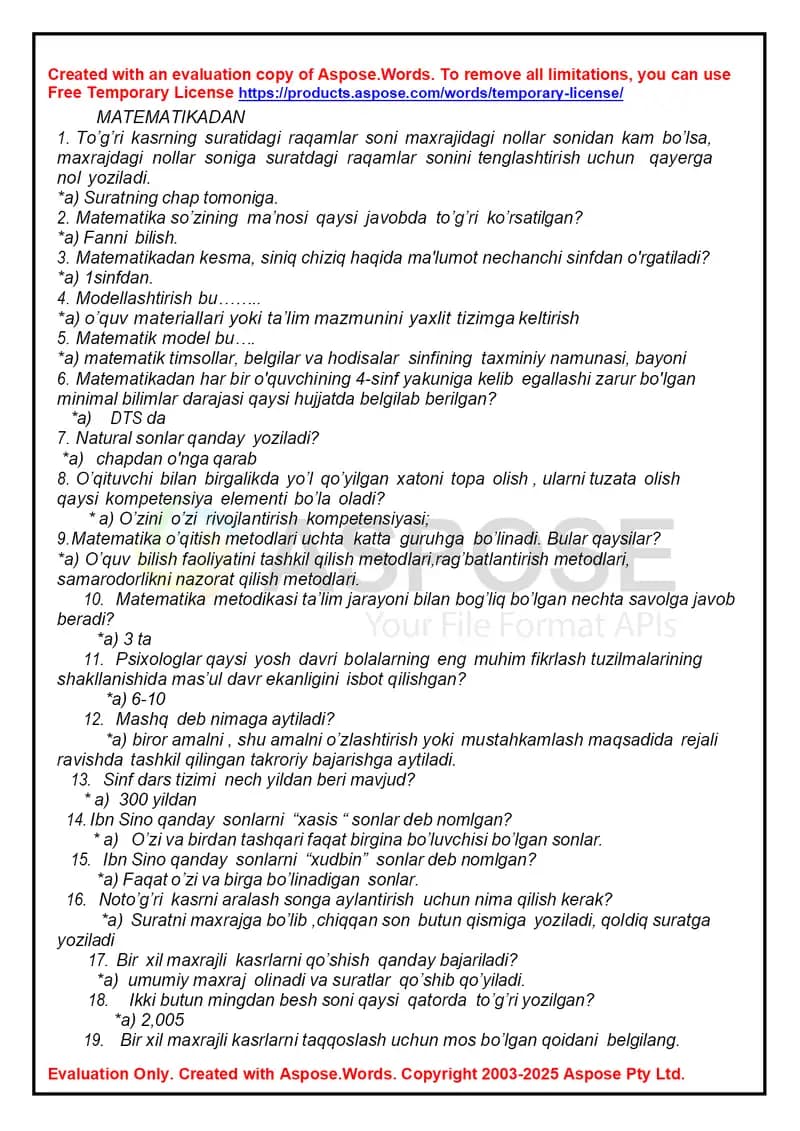 MATEMATIKADAN ped mahorat test savollari javoblari bilan avgust 2025 boshlangich