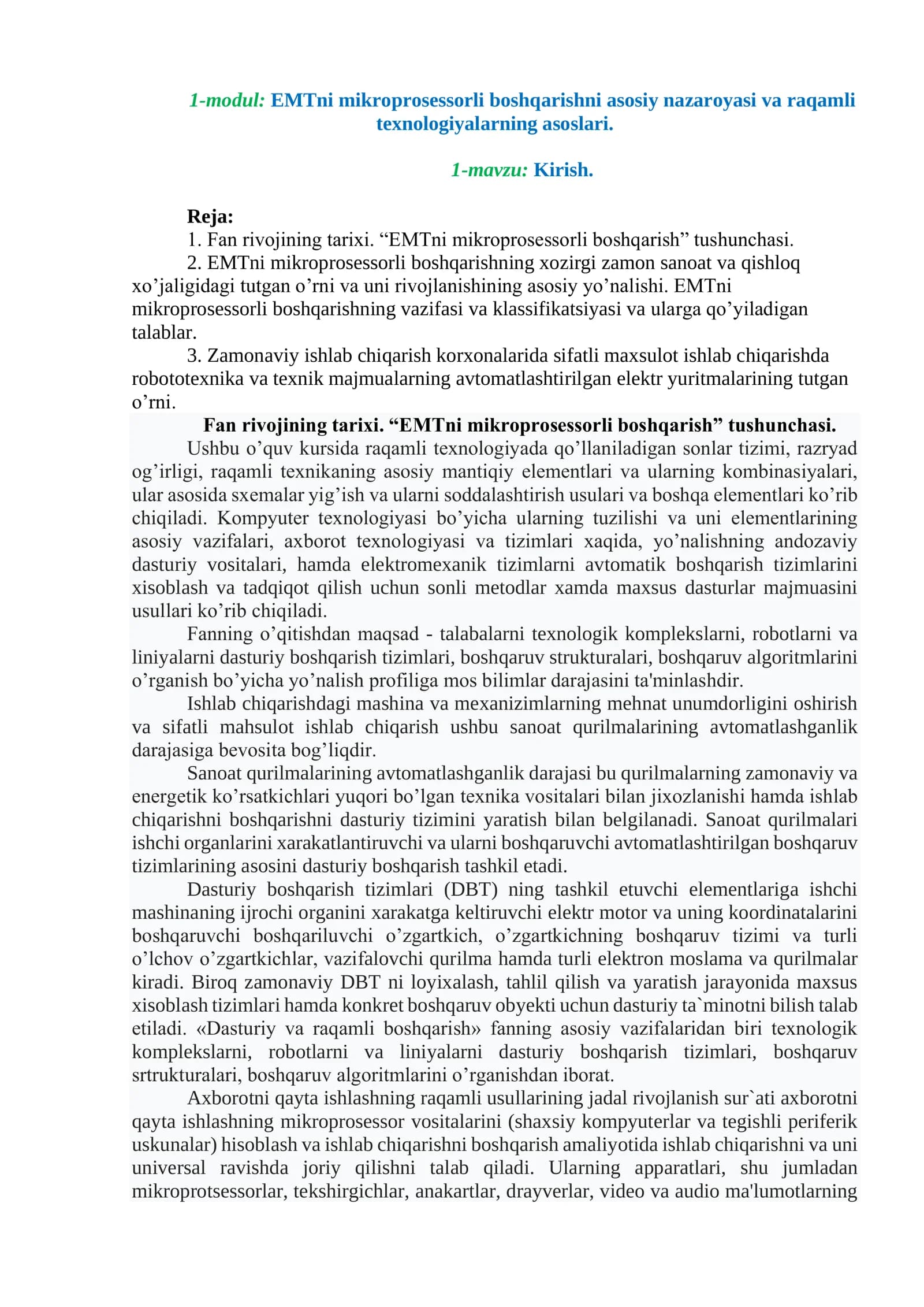 EMTni Mikroprosessorli Boshqarishning Asoslari