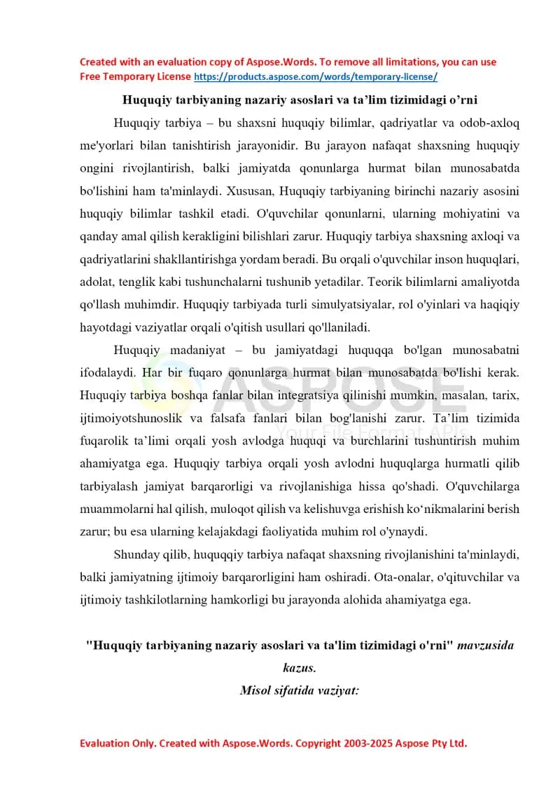 Huquq Kazus: Huquqiy tarbiyaning nazariy asoslari va ta’lim tizimidagi o’rni