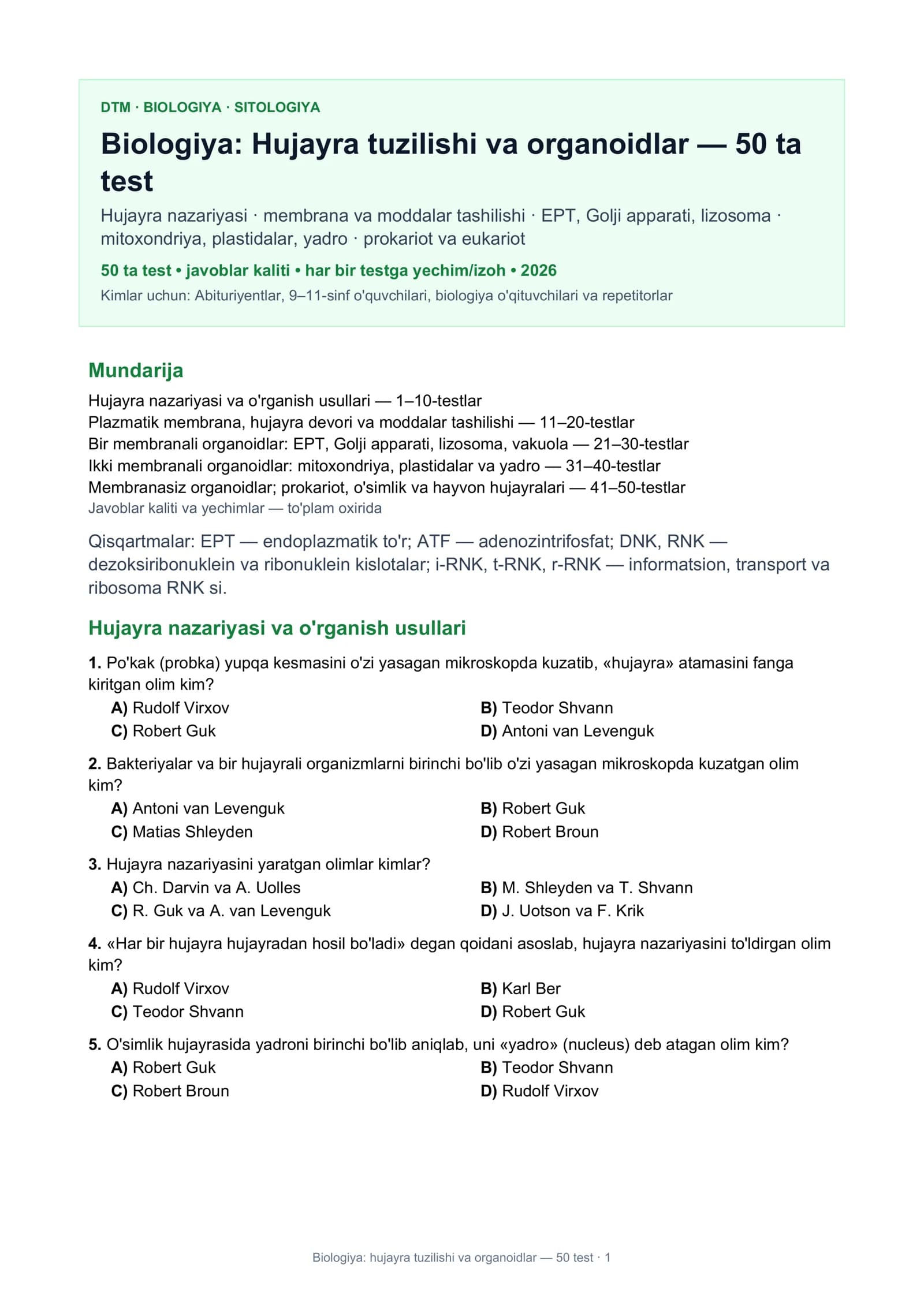 Biologiya: Hujayra tuzilishi va organoidlar — 50 test