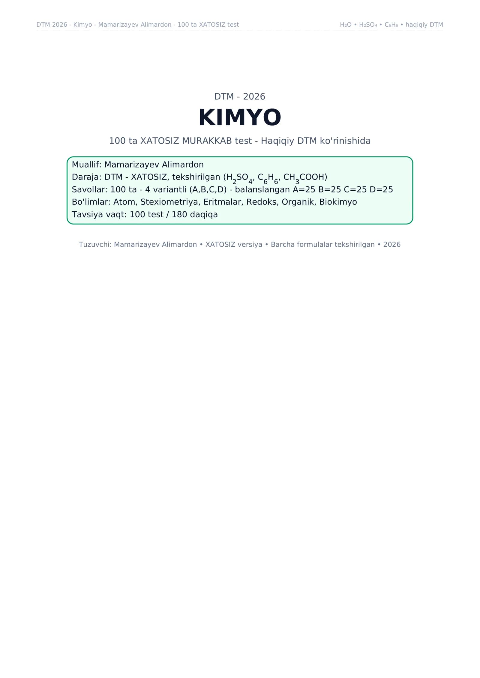 Kimyo DTM va Milliy sertifikat savollari