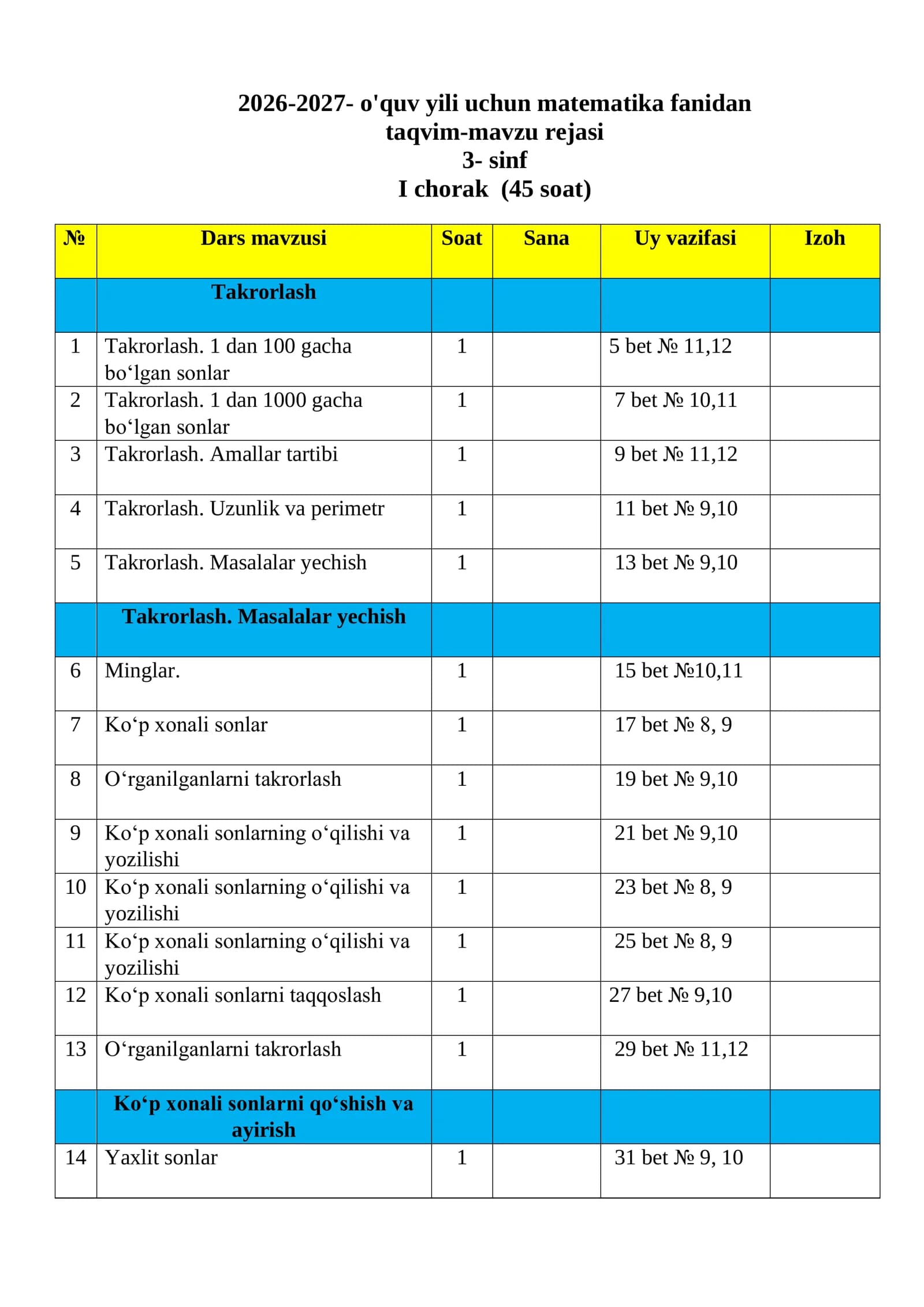 Matematika fanidan dars rejasi