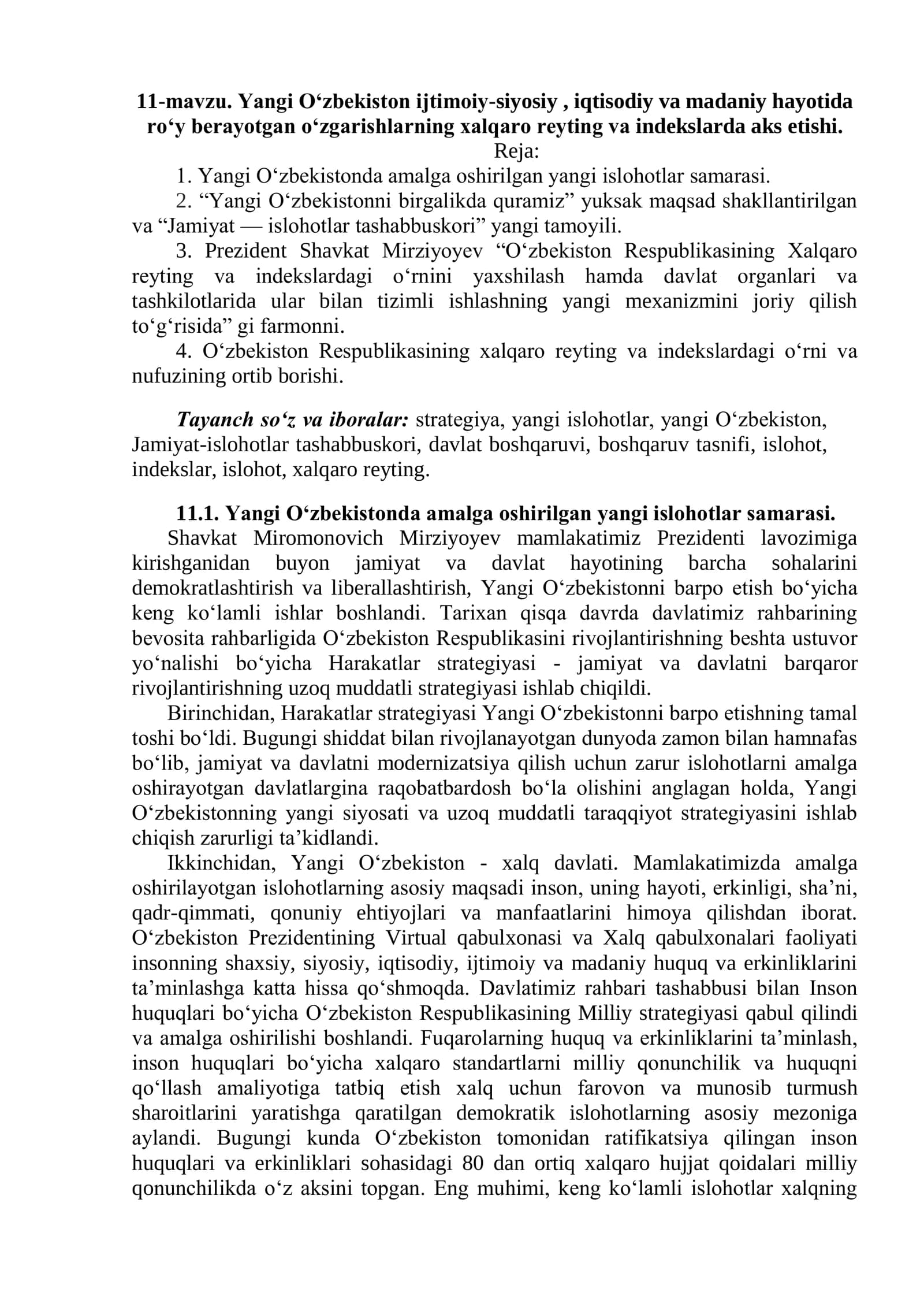 Yangi O‘zbekiston ijtimoiy-siyosiy, iqtisodiy va madaniy hayotida