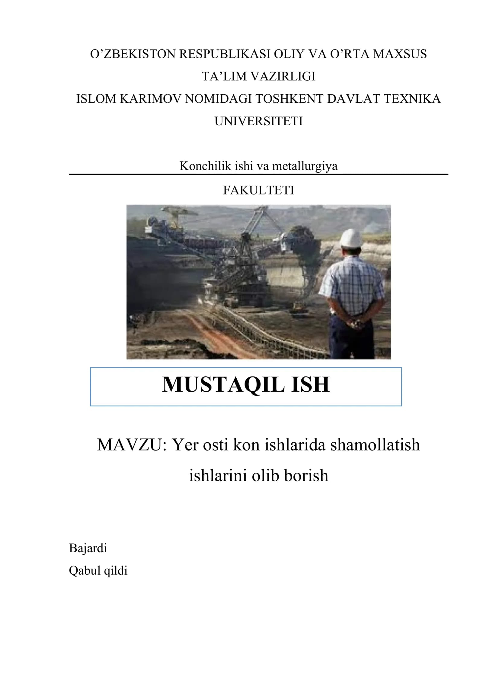 Yer osti kon ishlarida shamollatish ishlarini olib borish