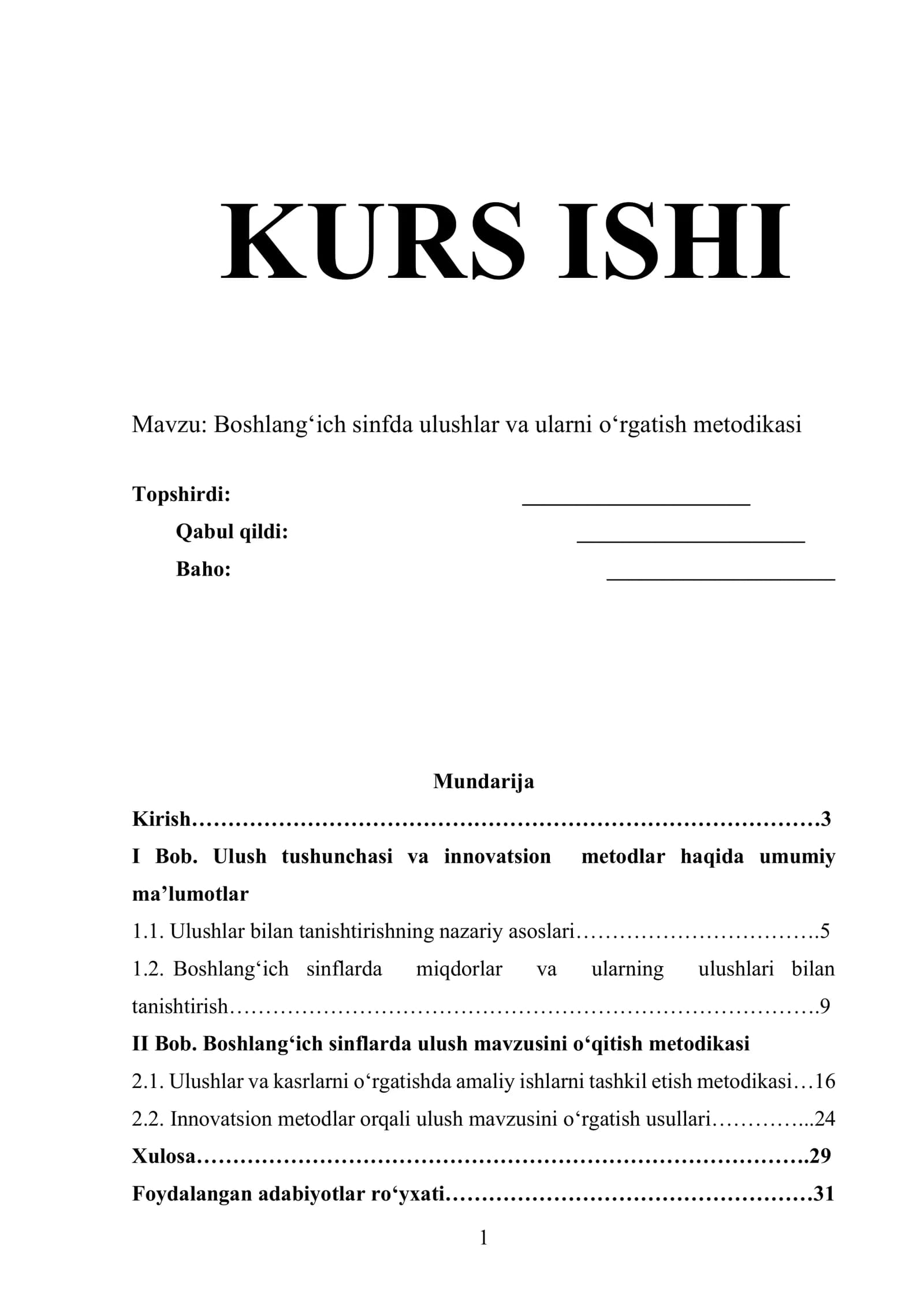 Boshlang‘ich sinfda ulushlar va ularni o‘rgatish metodikasi