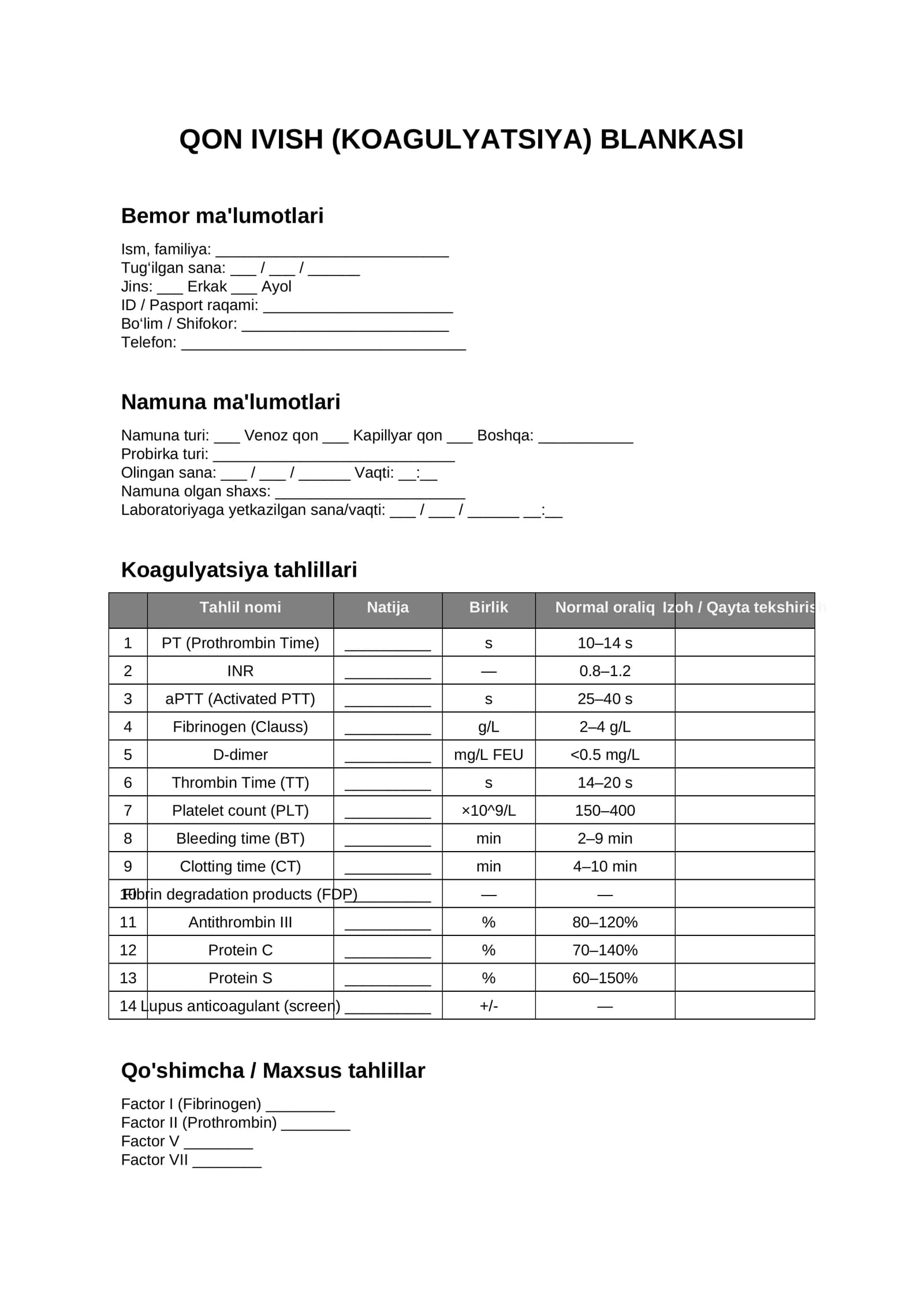 QON IVISH (KOAGULYATSIYA) BLANKASI