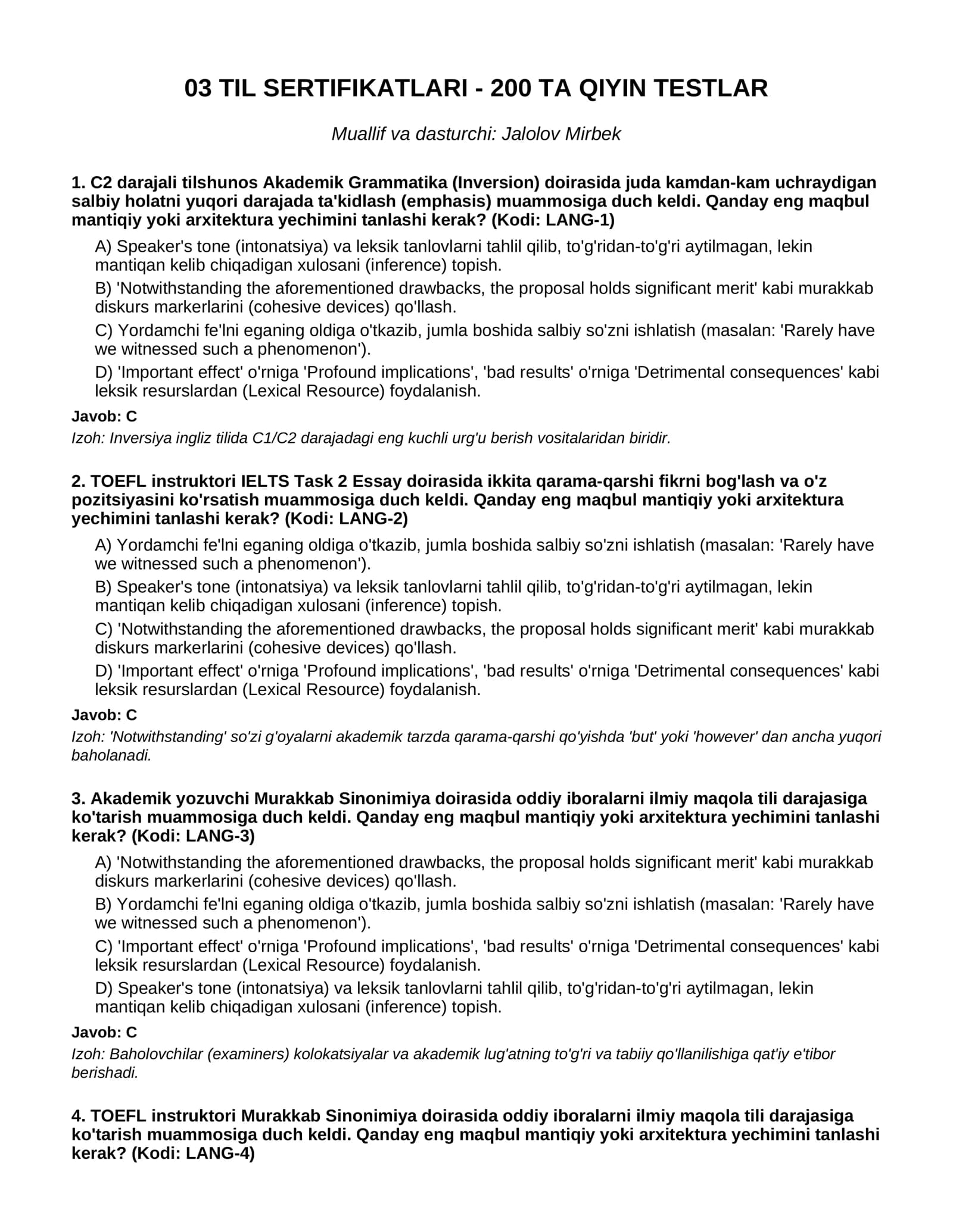 TIL SERTIFIKATLARI - 200 TA QIYIN TESTLAR