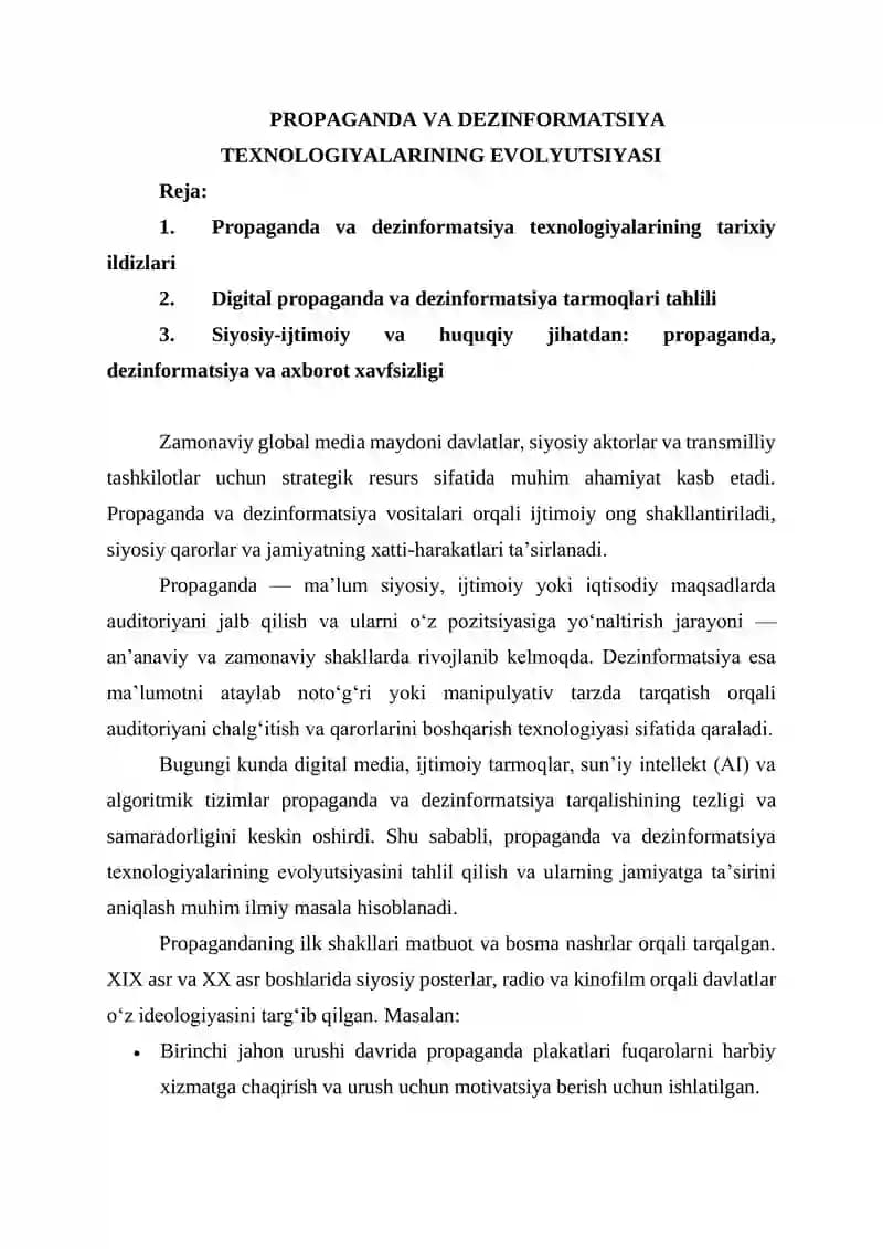 PROPAGANDA VA DEZINFORMATSIYA TEXNOLOGIYALARINING EVOLYUTSIYASI