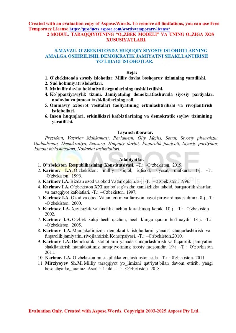 O‘zbekiston Respublikasida Prezidentlik institutining shakllanishi va rivojlanishi
