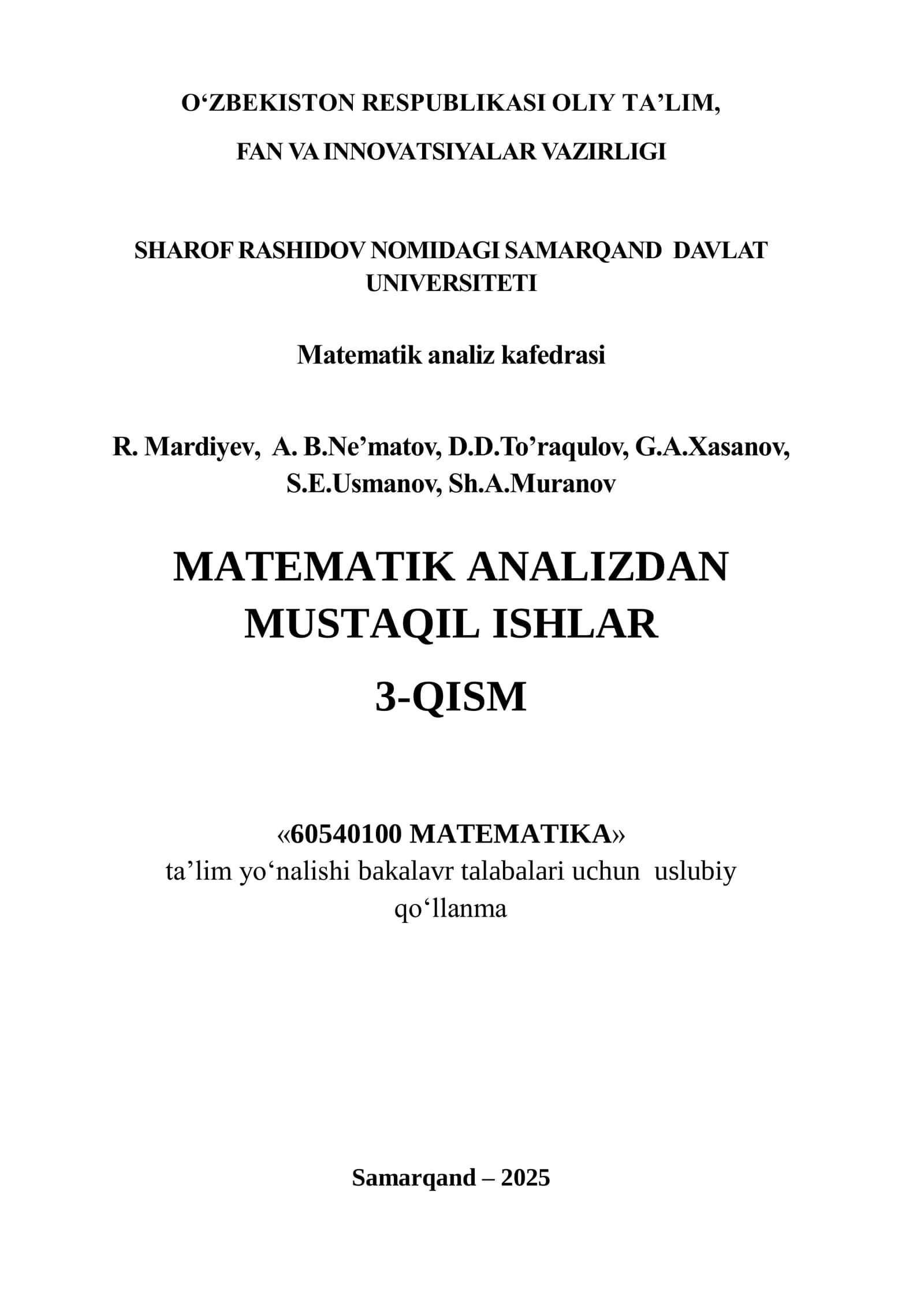 Matematik Analizdan Mustaqil Ishlar