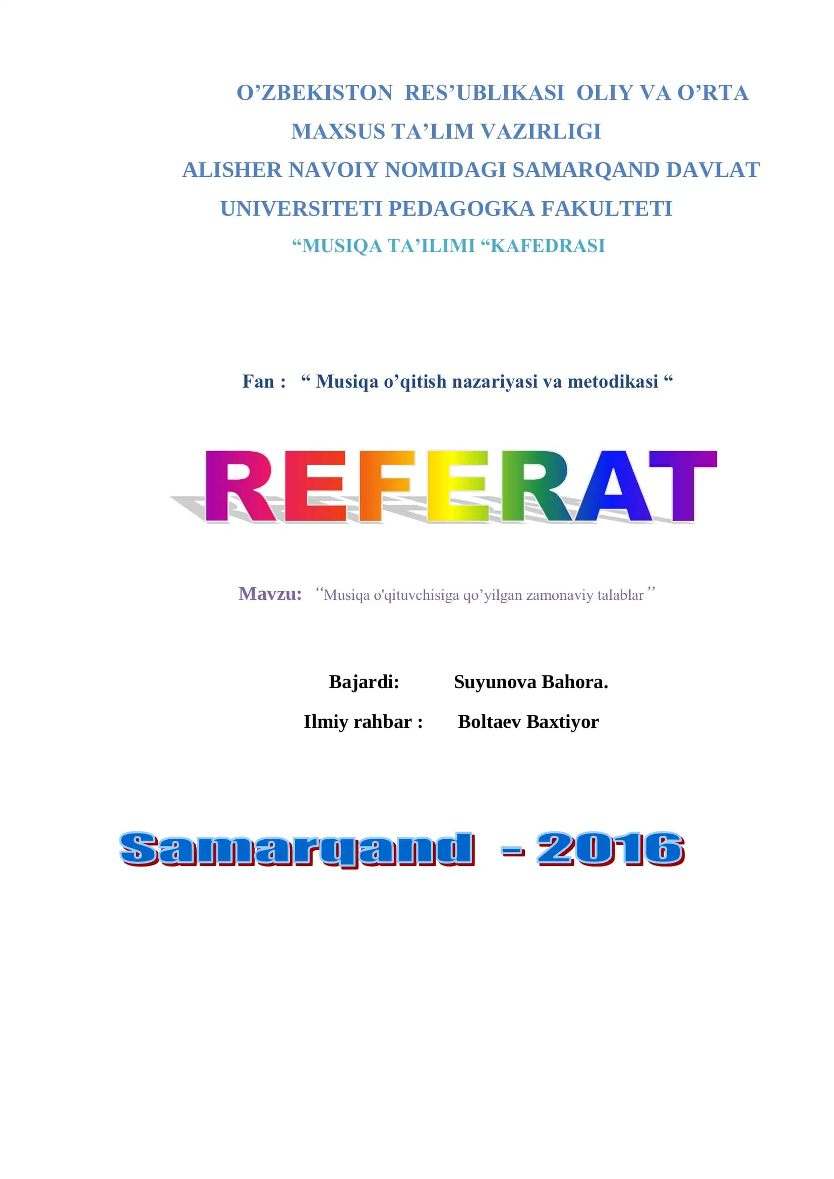 Musiqa o'qitish nazariyasi va metodikasi