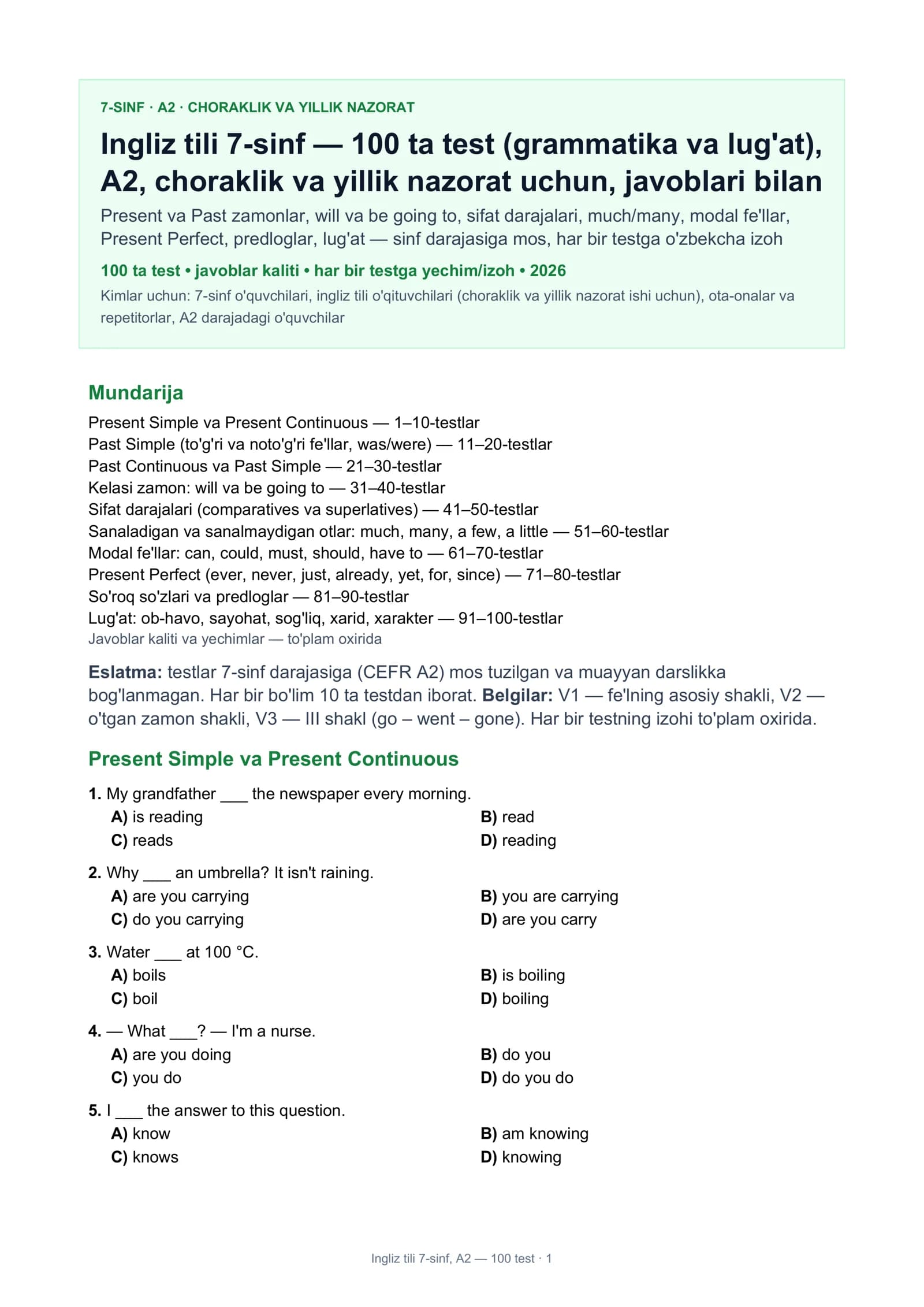 Ingliz tili 7-sinf, A2 — 100 test
