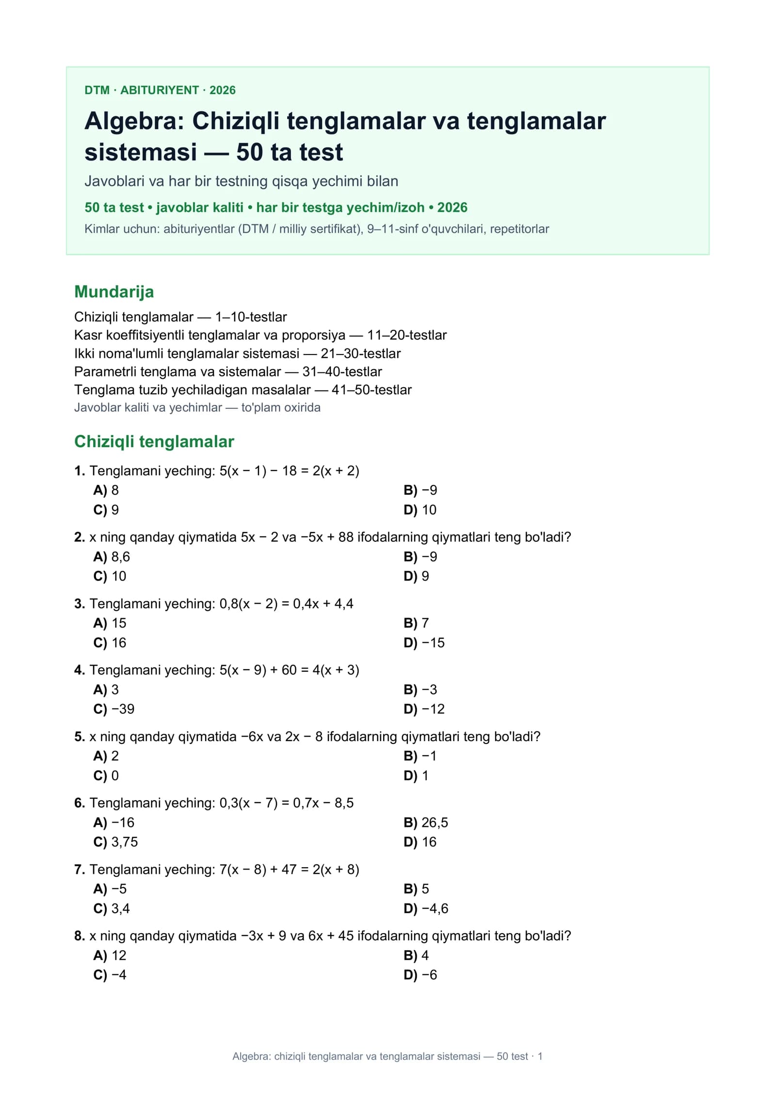 Chiziqli tenglamalar va tenglamalar sistemasi