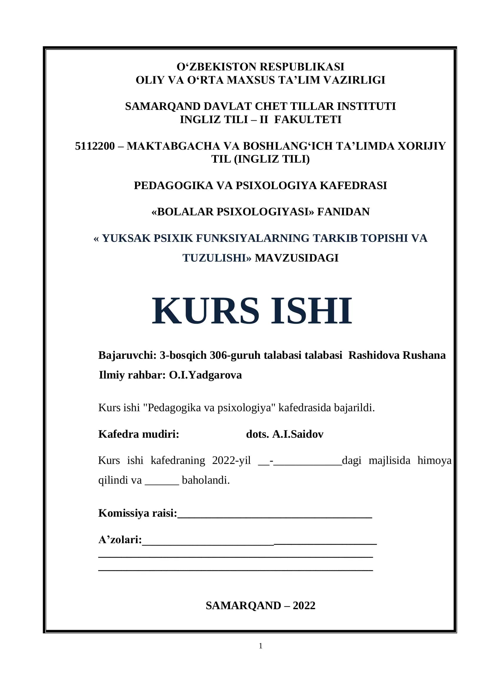 Yuksak psixik funksiyalarning tarkib topishi va tuzulishi