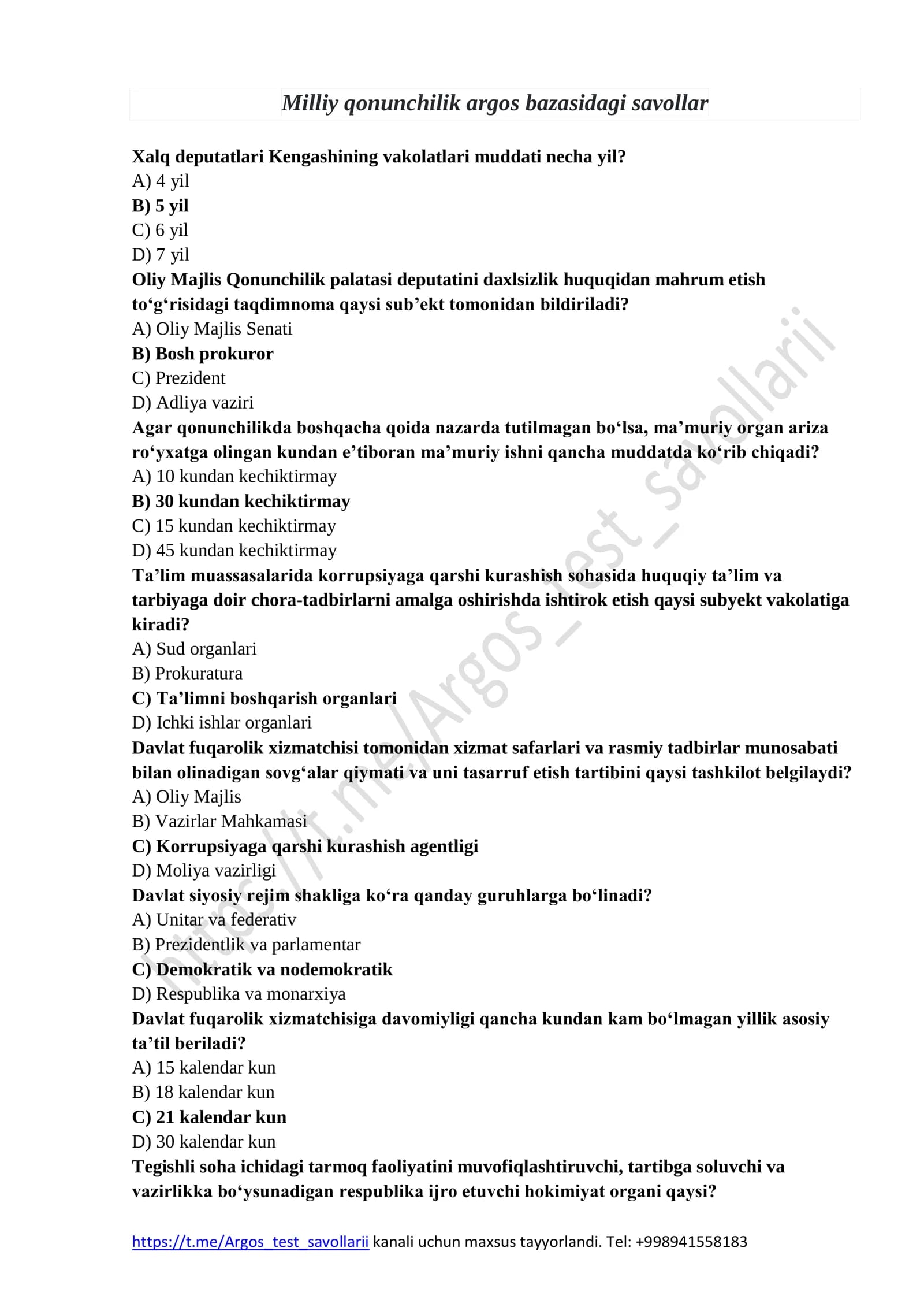 Milliy qonunchilik argos bazasidagi savollar