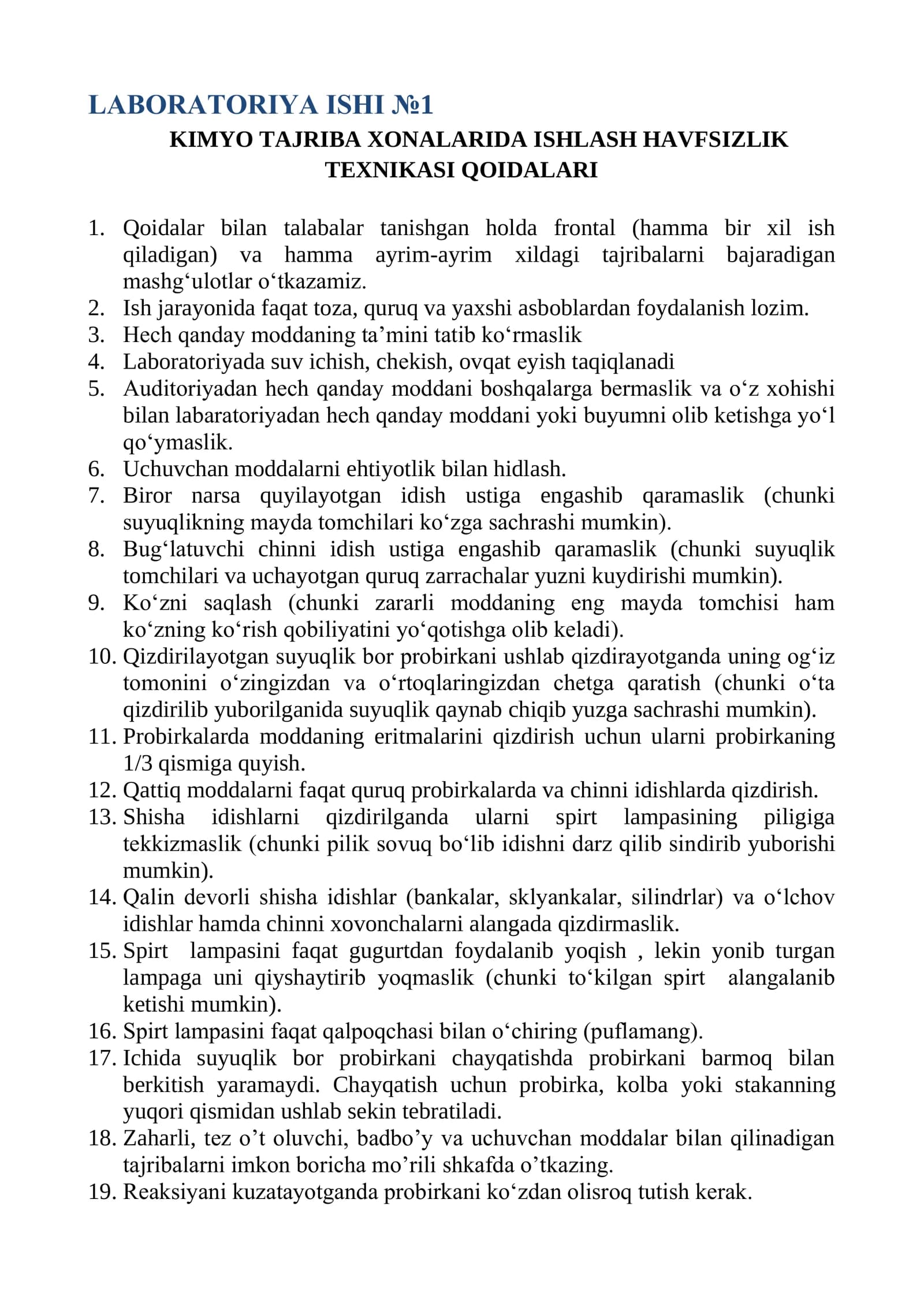 Kimyo tajriba xonalarida ishlash havfsizlik texnikasi qoidalari