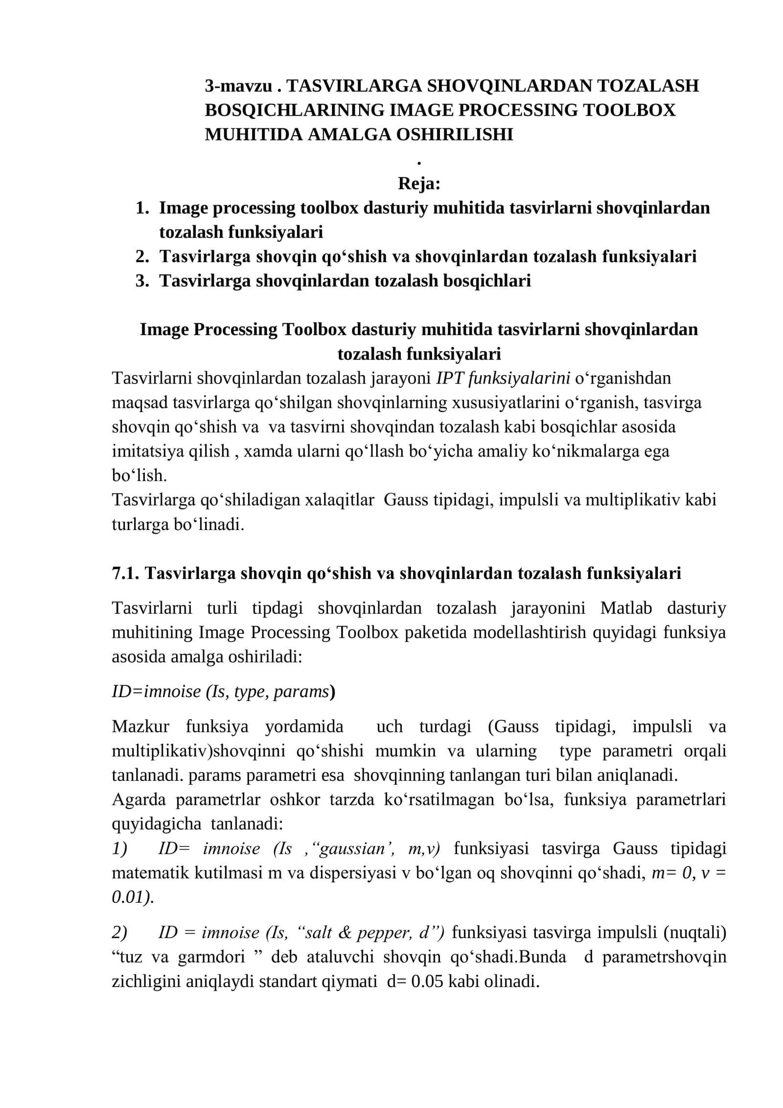 TASVIRLARGA SHOVQINLARDAN TOZALASH BOSQICHLARINING IMAGE PROCESSING TOOLBOX MUHITIDA AMALGA OSHIRILISHI