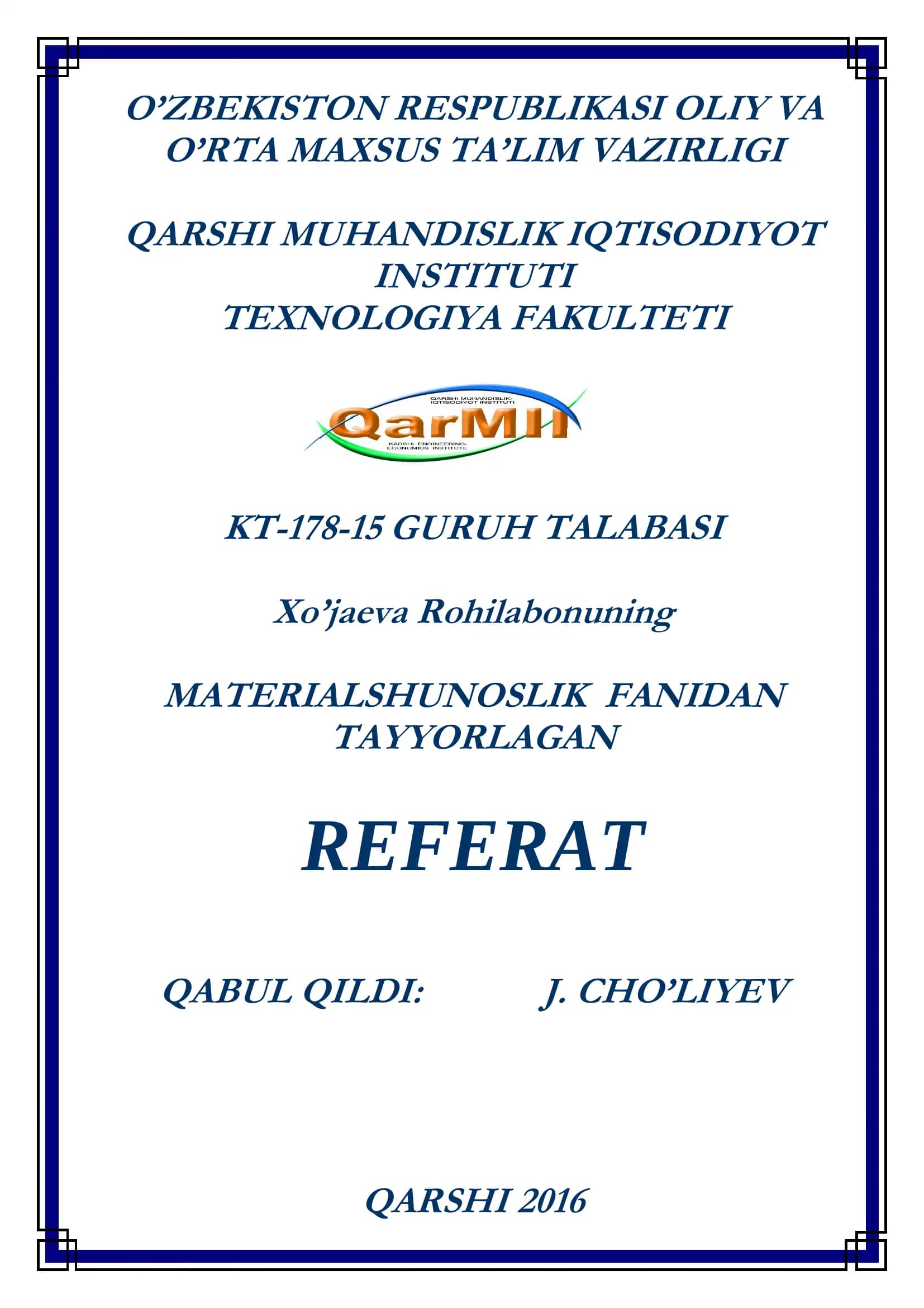 MATERIALSHUNOSLIK FANIDAN TAYYORLAGAN REFERAT