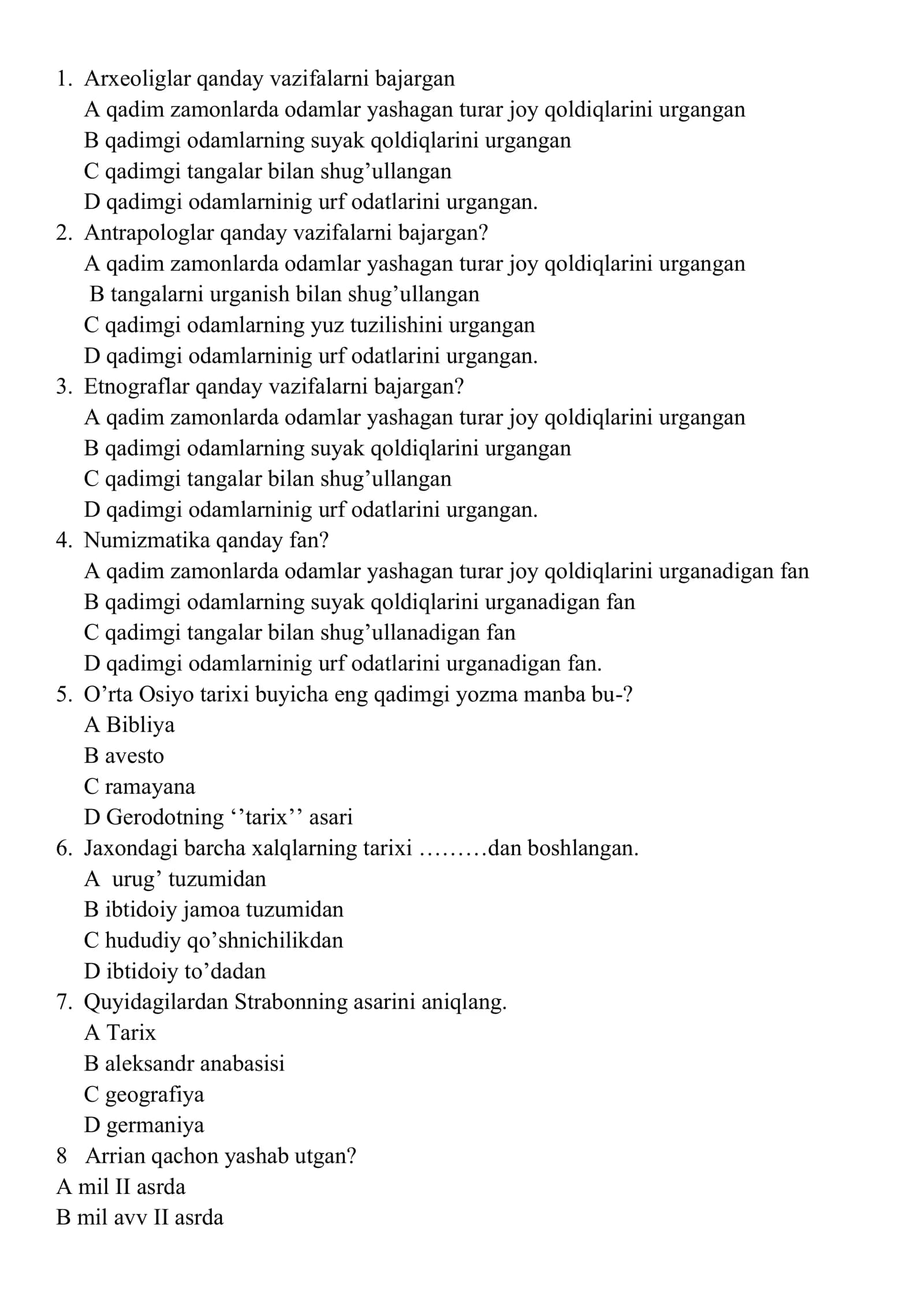 Tarix 6-sinf testlar