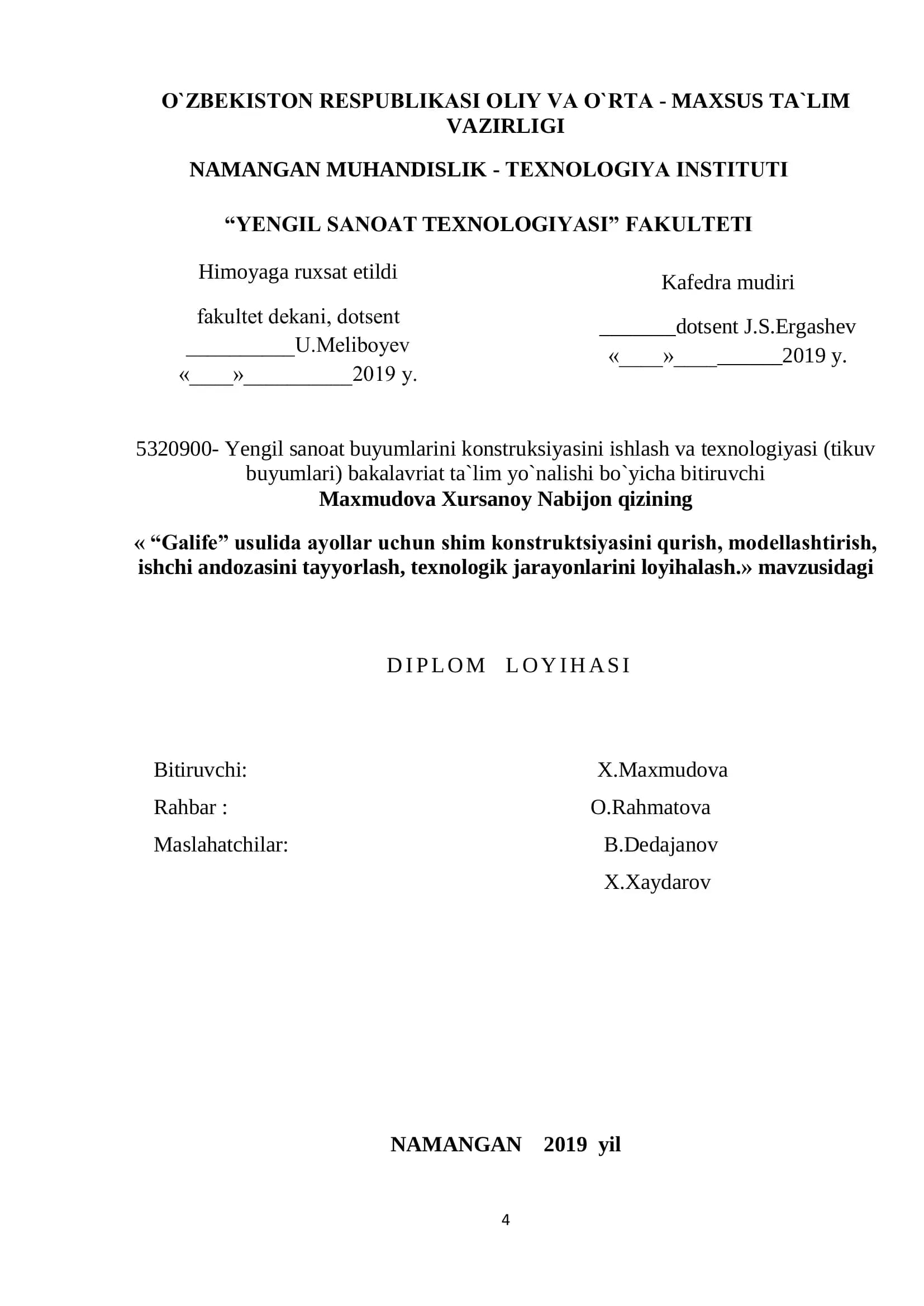 Yengil sanoat buyumlarini konstruksiyasini ishlash va texnologiyasi (tikuv buyumlari) bakalavriat ta`lim yo`nalishi bo`yicha bitiruvchi