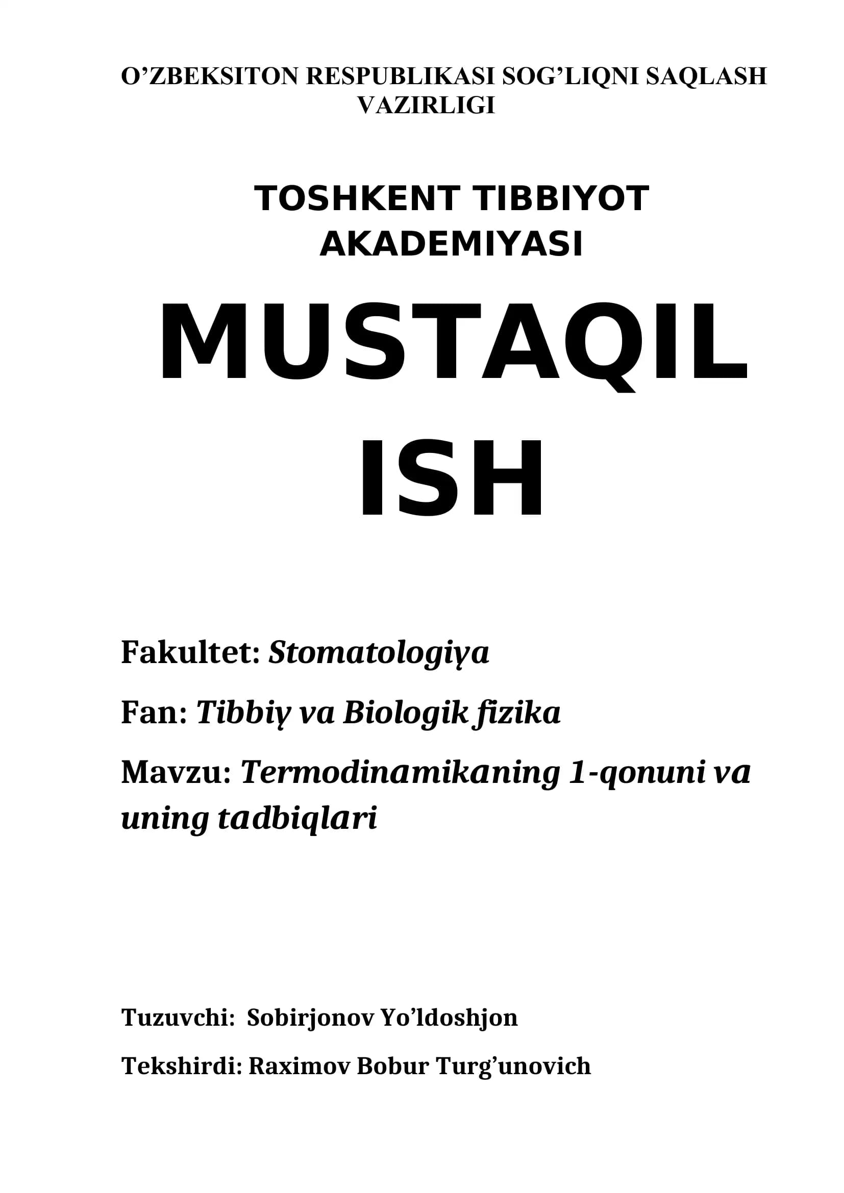 Termodinamikaning 1-qonuni va uning tadbiqlari