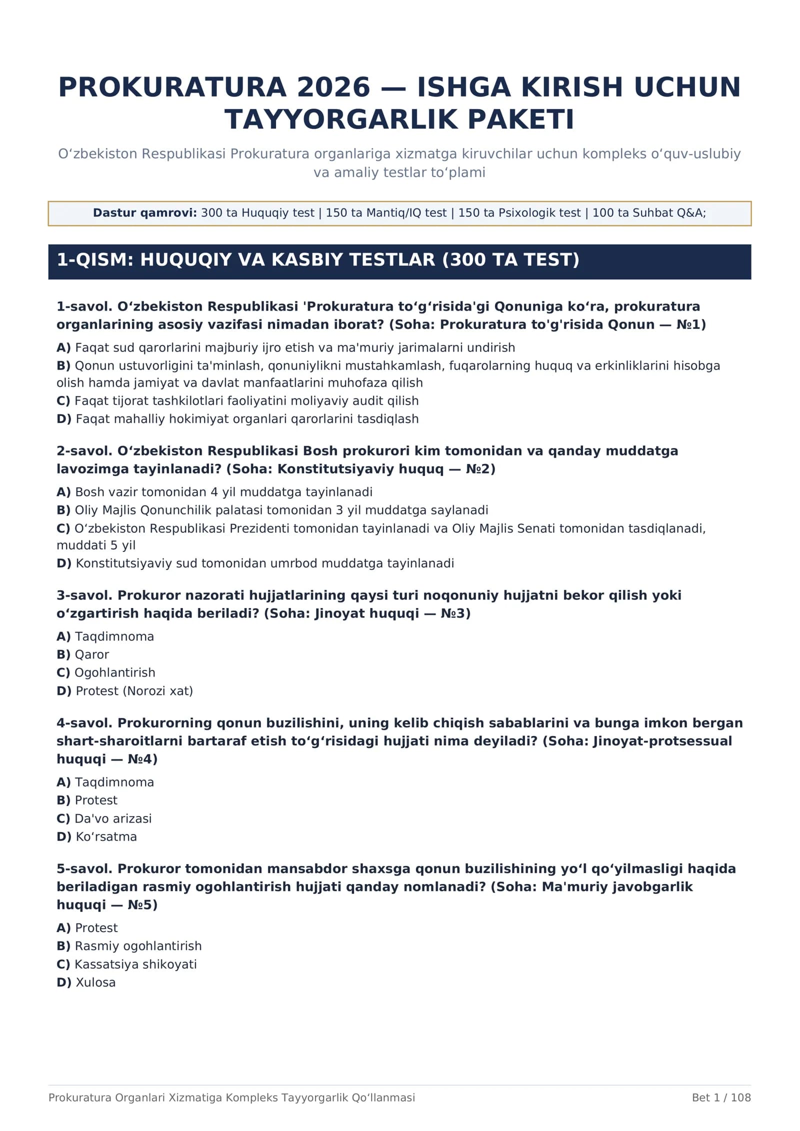 PROKURATURA 2026 — ISHGA KIRISH UCHUN TAYYORGARLIK PAKETI