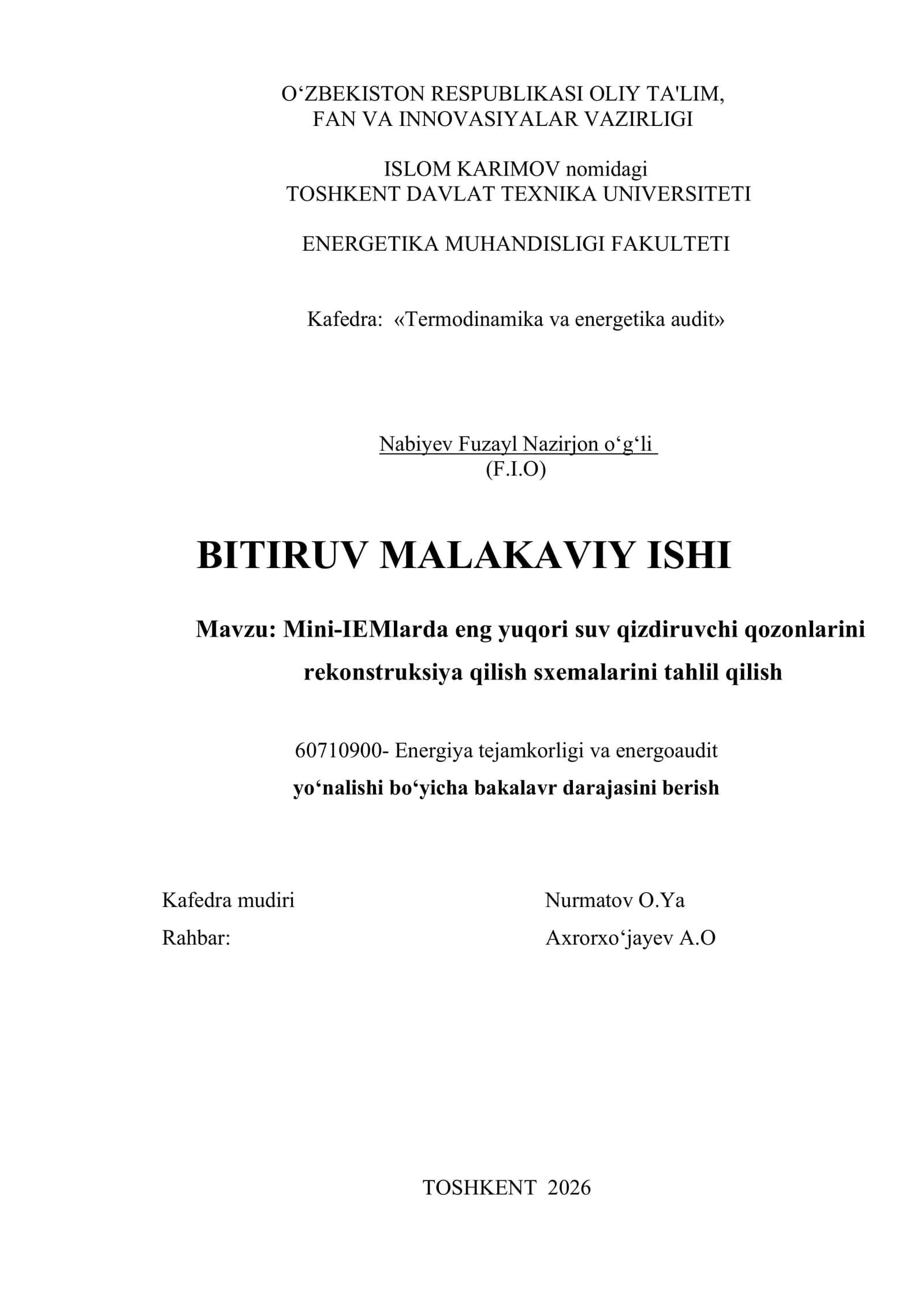 Mini-IEMlarda eng yuqori suv qizdiruvchi qozonlarini rekonstruksiya qilish sxemalarini tahlil qilish