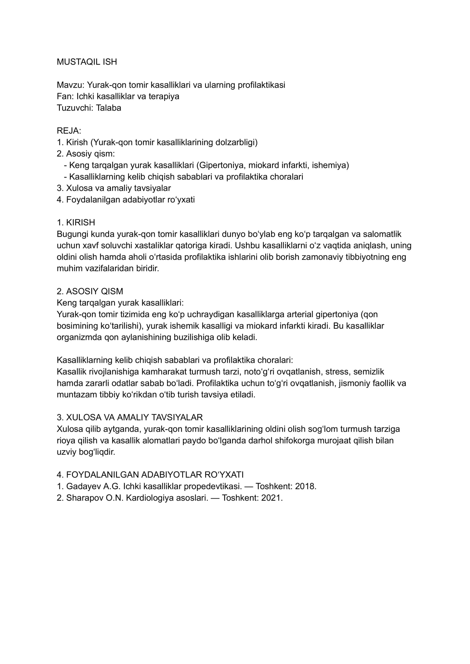 Yurak-qon tomir kasalliklari va ularning profilaktikasi