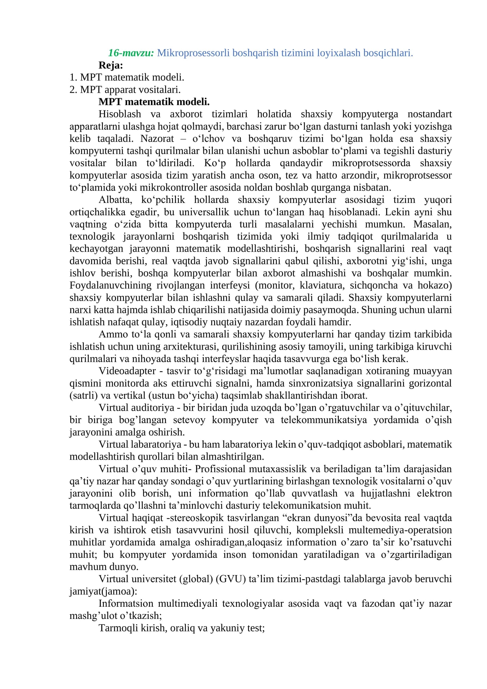 Mikroprosessorli boshqarish tizimini loyixalash bosqichlari