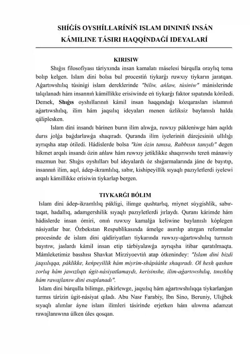 SHÍĠÍS OYSHÍLLARÍNÍŃ ISLAM DININIŃ INSÁN KÁMILINE TÁSIRI HAQQÍNDAĠÍ IDEY ALARÍ esse