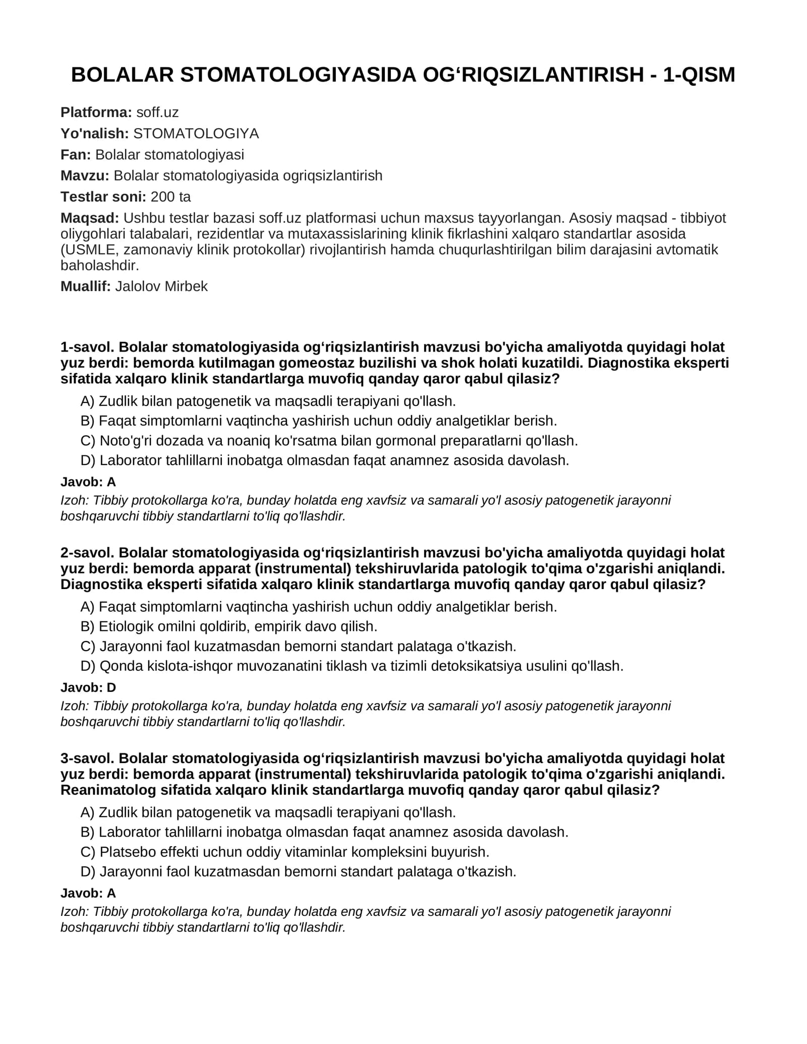 BOLALAR STOMATOLOGIYASIDA OG‘RIQSIZLANTIRISH - 1-QISM