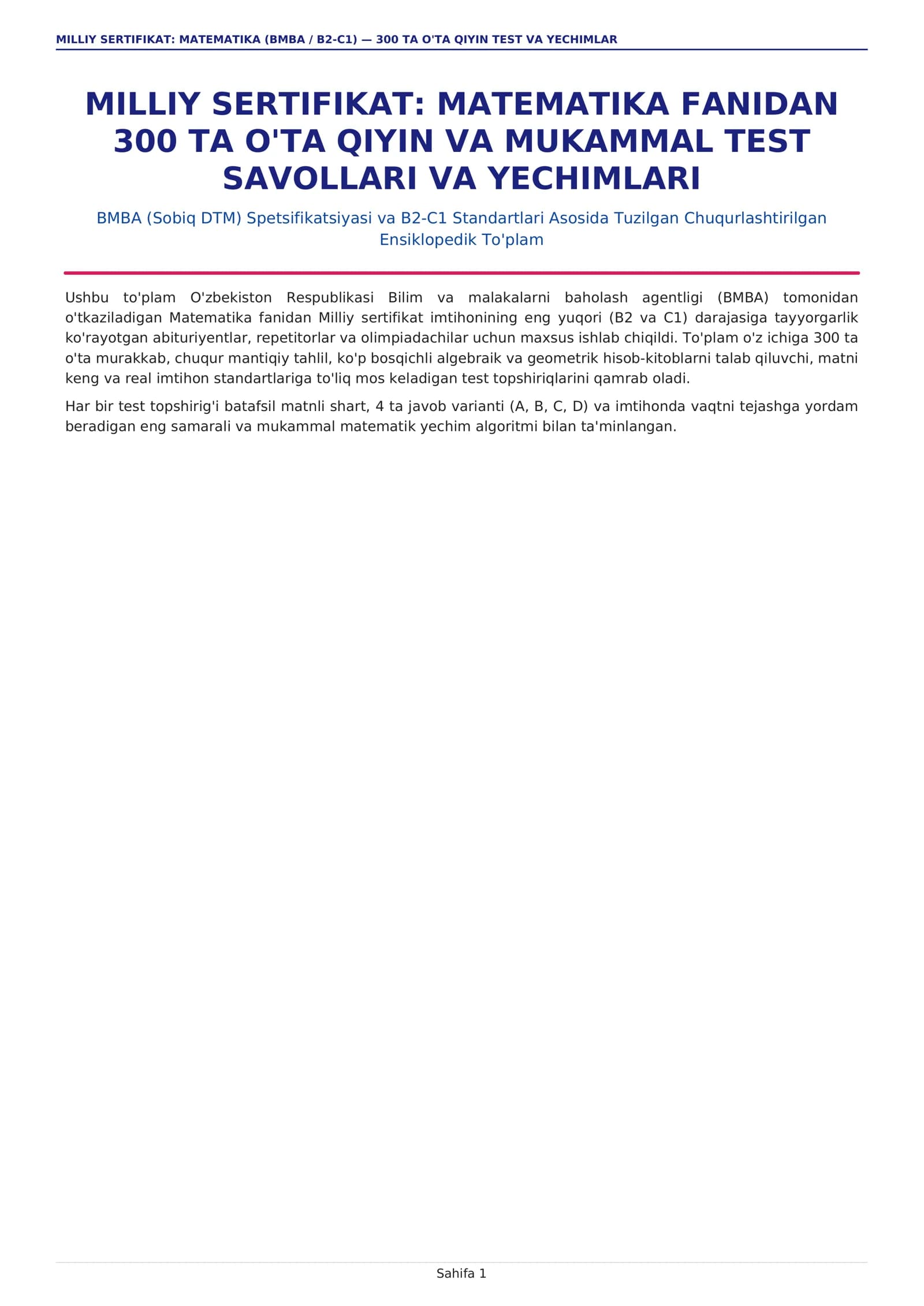 MILLIY SERTIFIKAT: MATEMATIKA (BMBA / B2-C1) - 300 TA O'TA QIYIN TEST VA YECHIMLAR