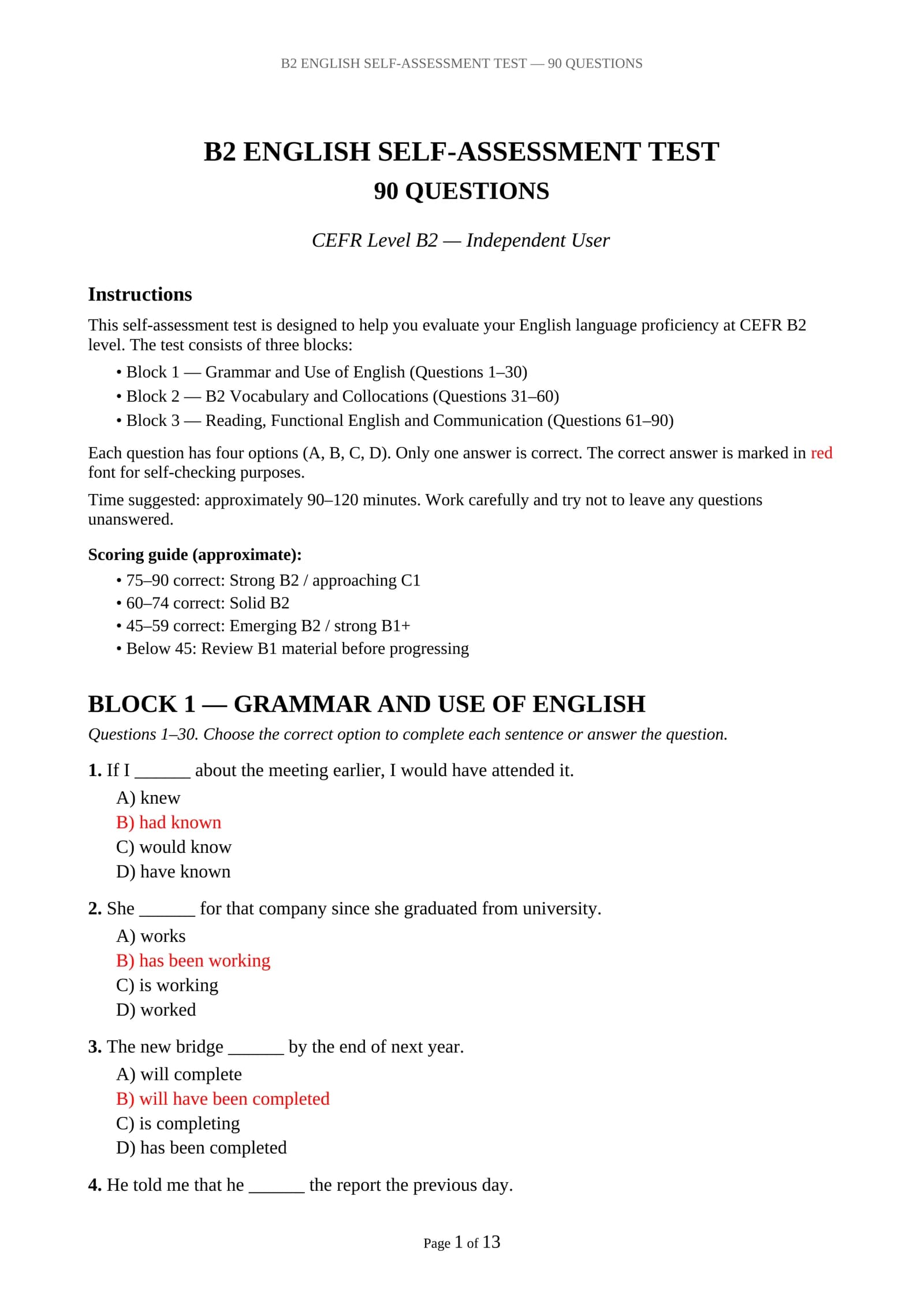 B2 ENGLISH SELF-ASSESSMENT TEST — 90 QUESTIONS