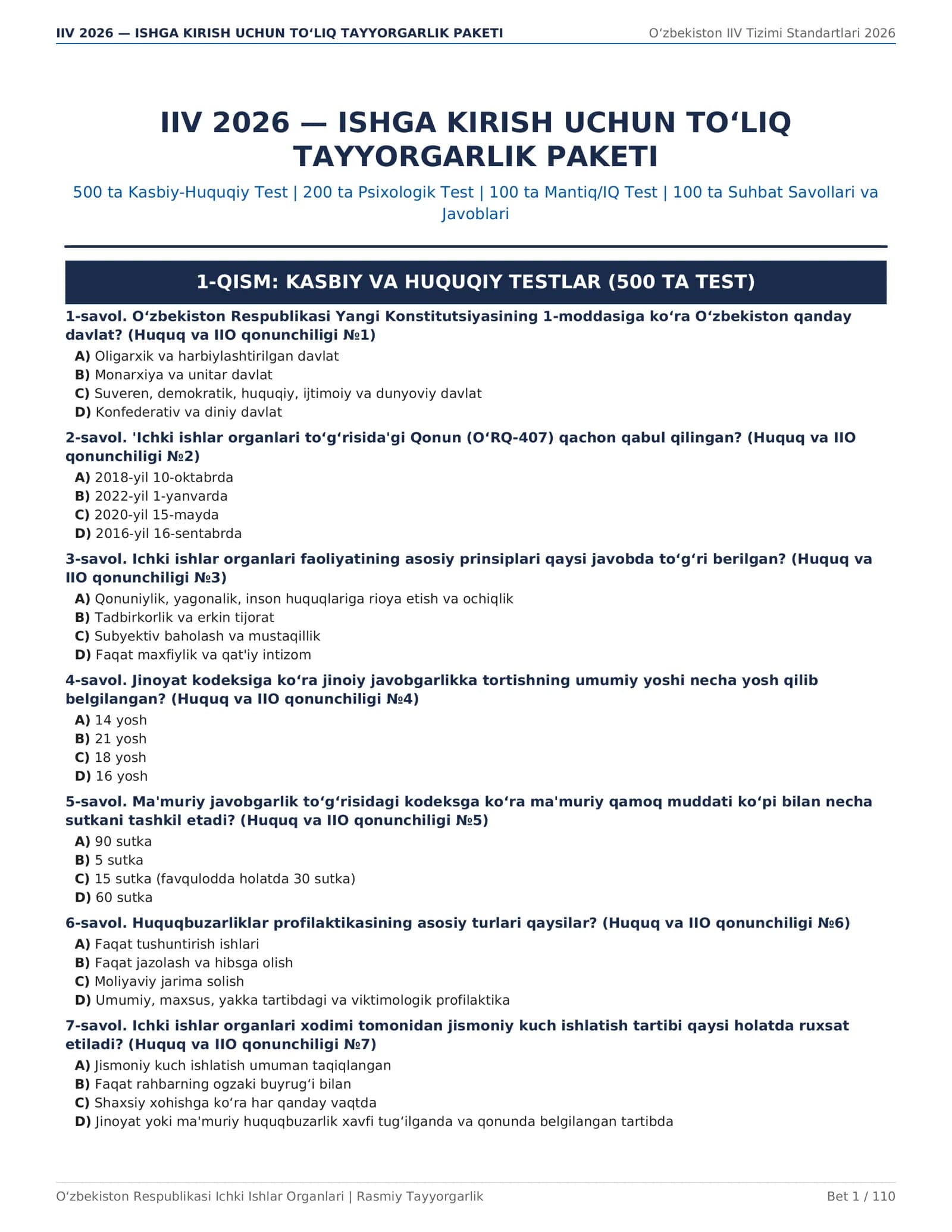 IIV 2026 — ISHGA KIRISH UCHUN TO‘LIQ TAYYORGARLIK PAKETI
