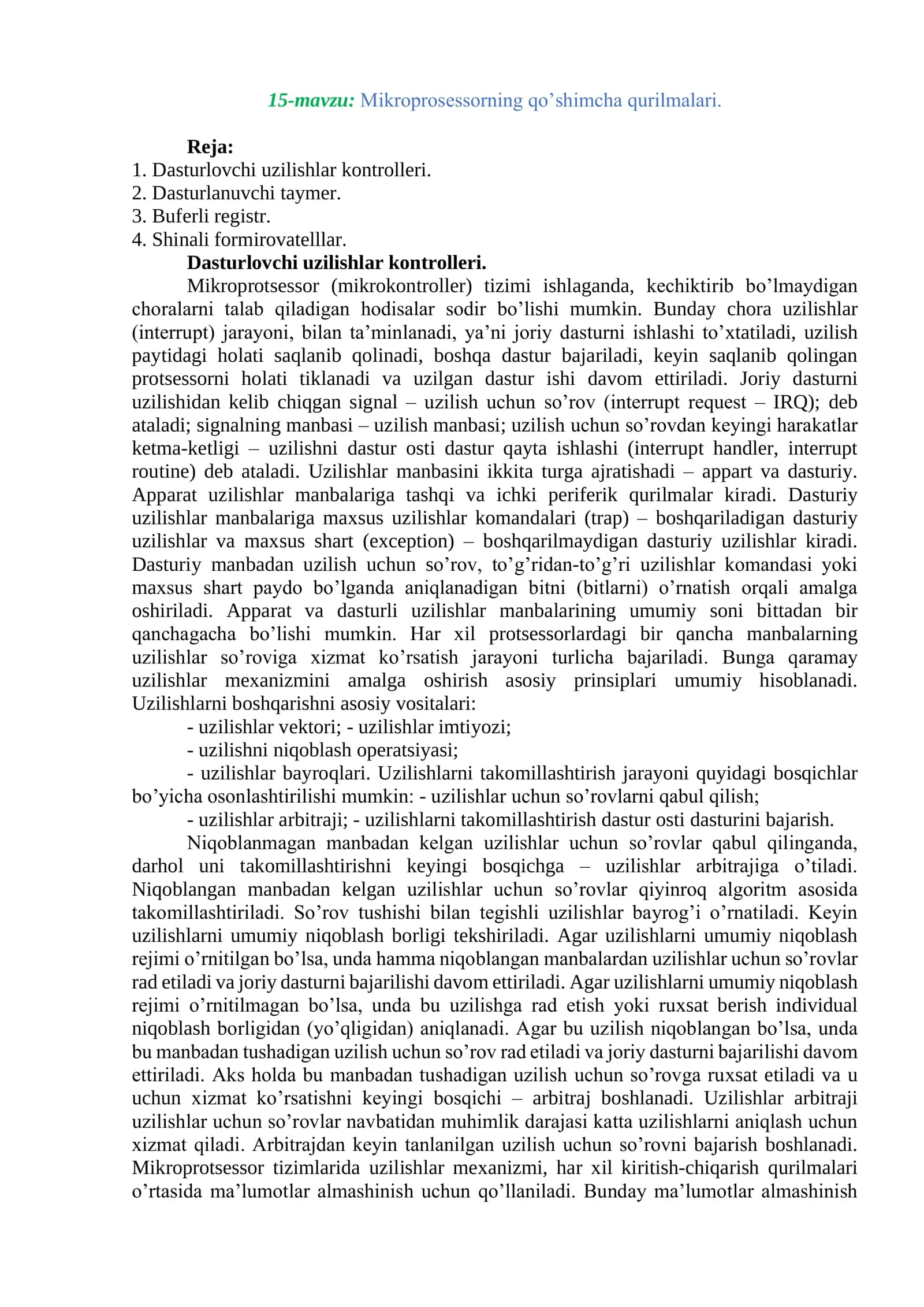 Mikroprosessorning qo’shimcha qurilmalari