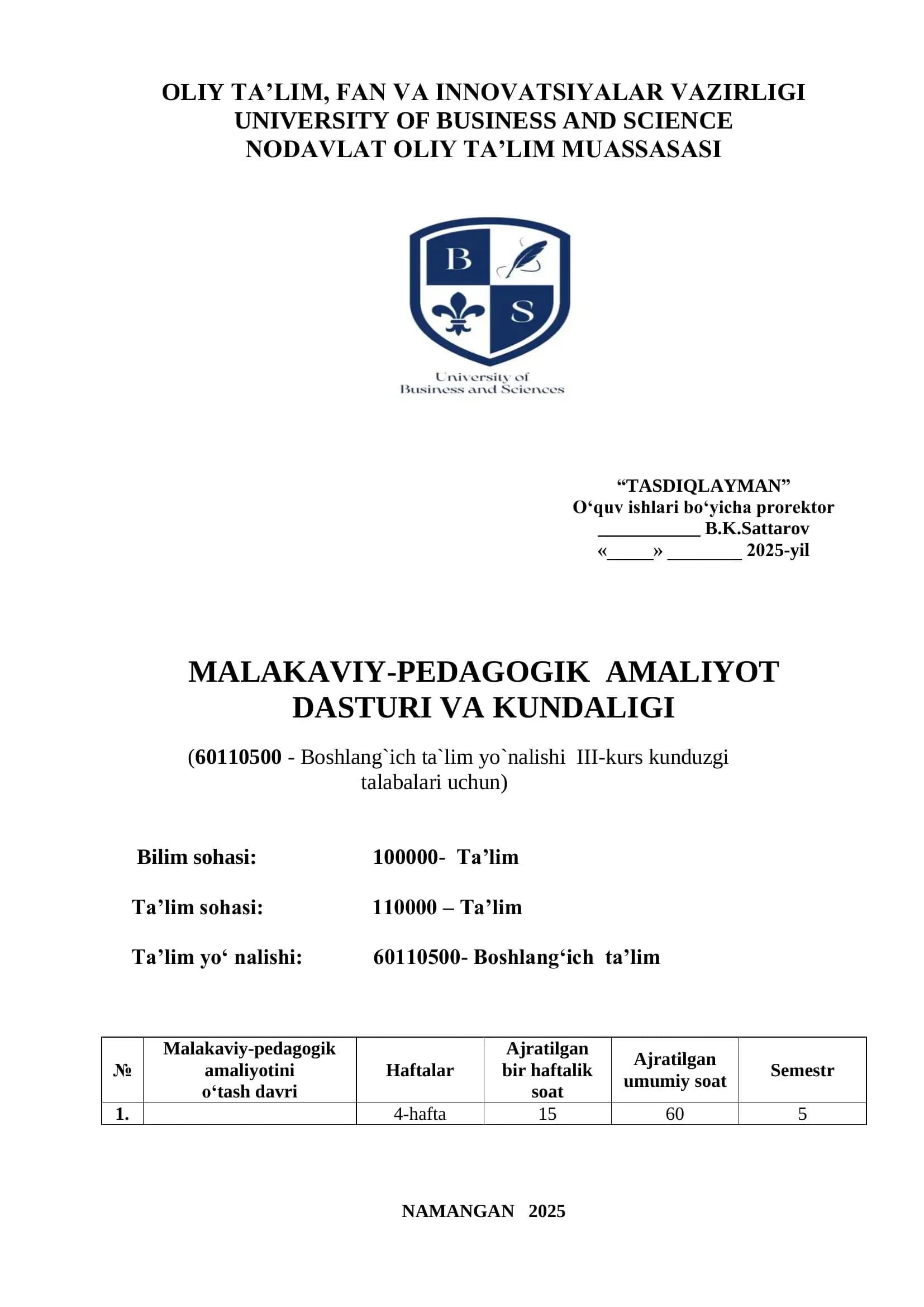 MALAKAVIY-PEDAGOGIK AMALIYOT DASTURI VA KUNDALIGI