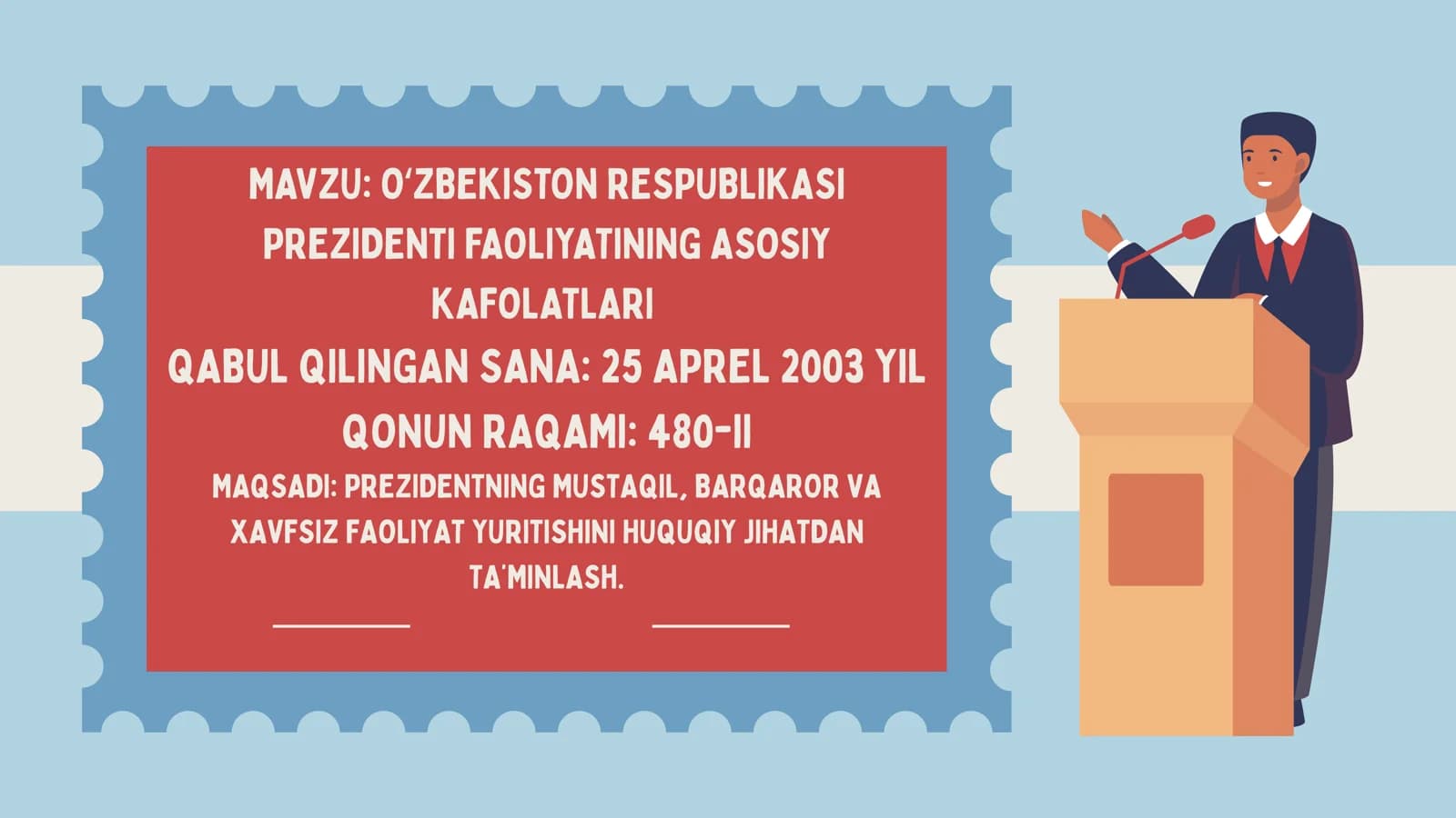 OʻZBEKISTON RESPUBLIKASI PREZIDENTI FAOLIYATINING ASOSIY KAFOLATLARI QABUL QILINGAN SANA 25 APREL 2003 YIL QONUN RAQAMI 480-II