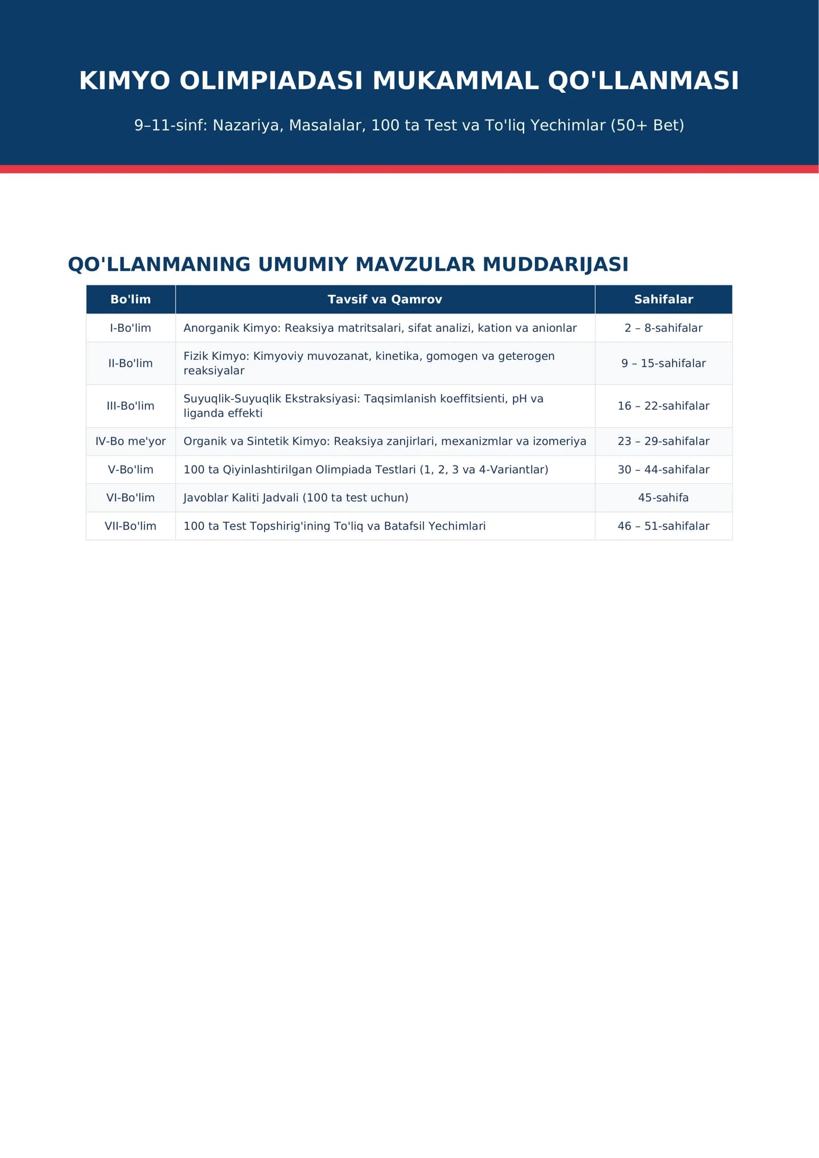 KIMYO OLIMPIADASI MUKAMMAL QO'LLANMASI