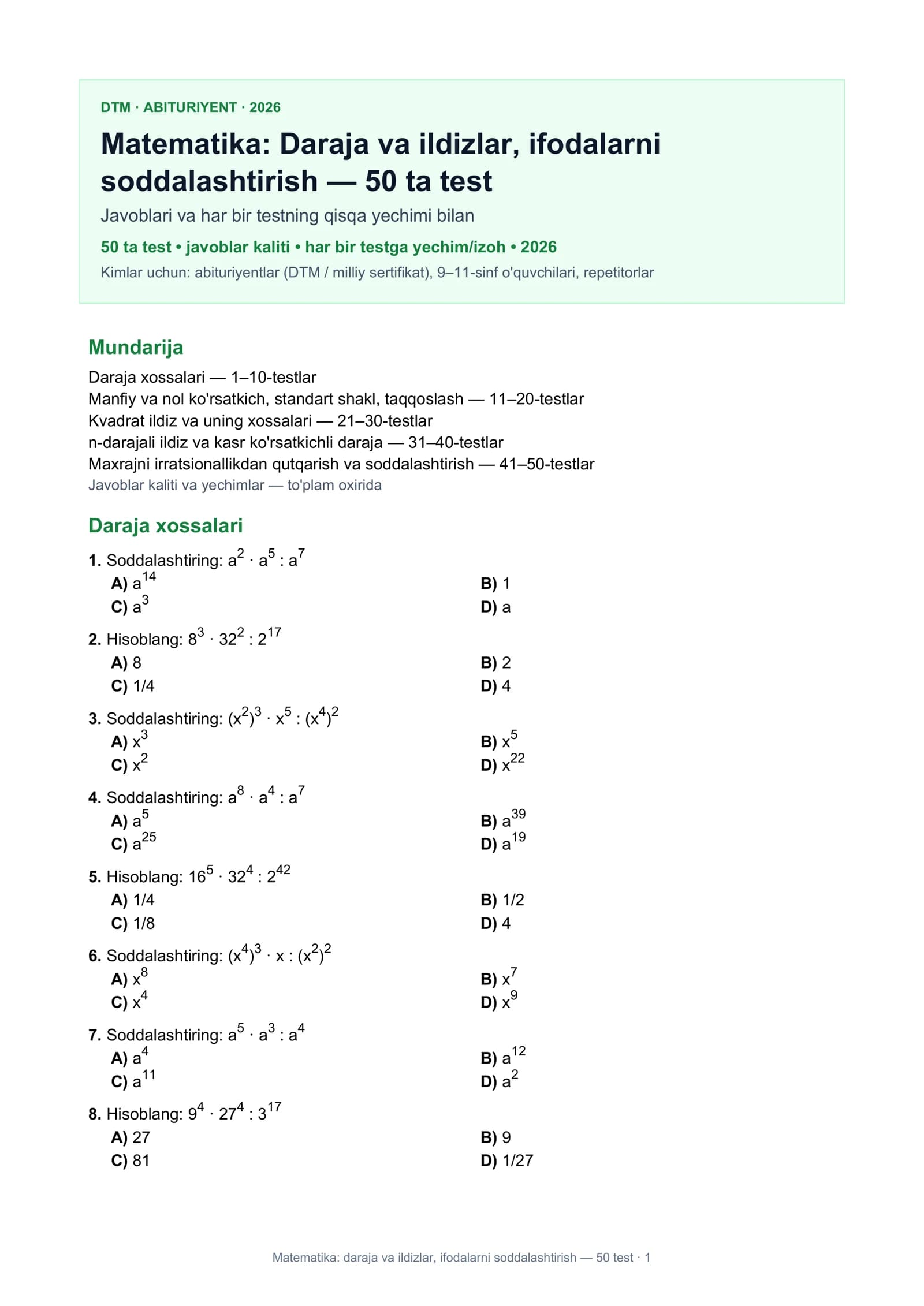 Matematika: Daraja va ildizlar, ifodalarni soddalashtirish