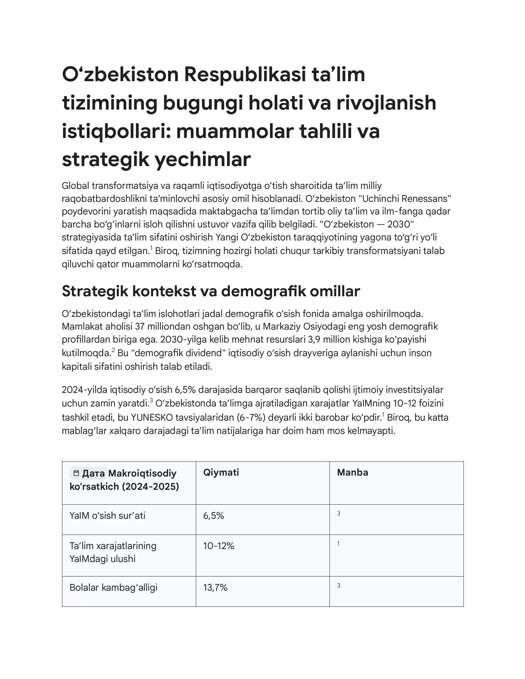 O‘zbekiston Respublikasi ta’lim tizimining bugungi holati va rivojlanish istiqbollari: muammolar tahlili va strategik yechimlar