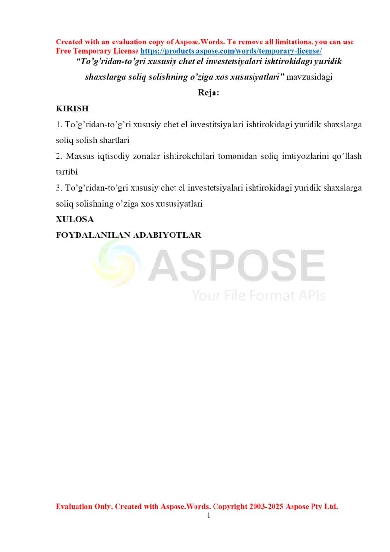 To’g’ridan-to’g’ri xususiy chet el investitsiyalari ishtirokidagi yuridik shaxslarga soliq solishning o’ziga xos xususiyatlari