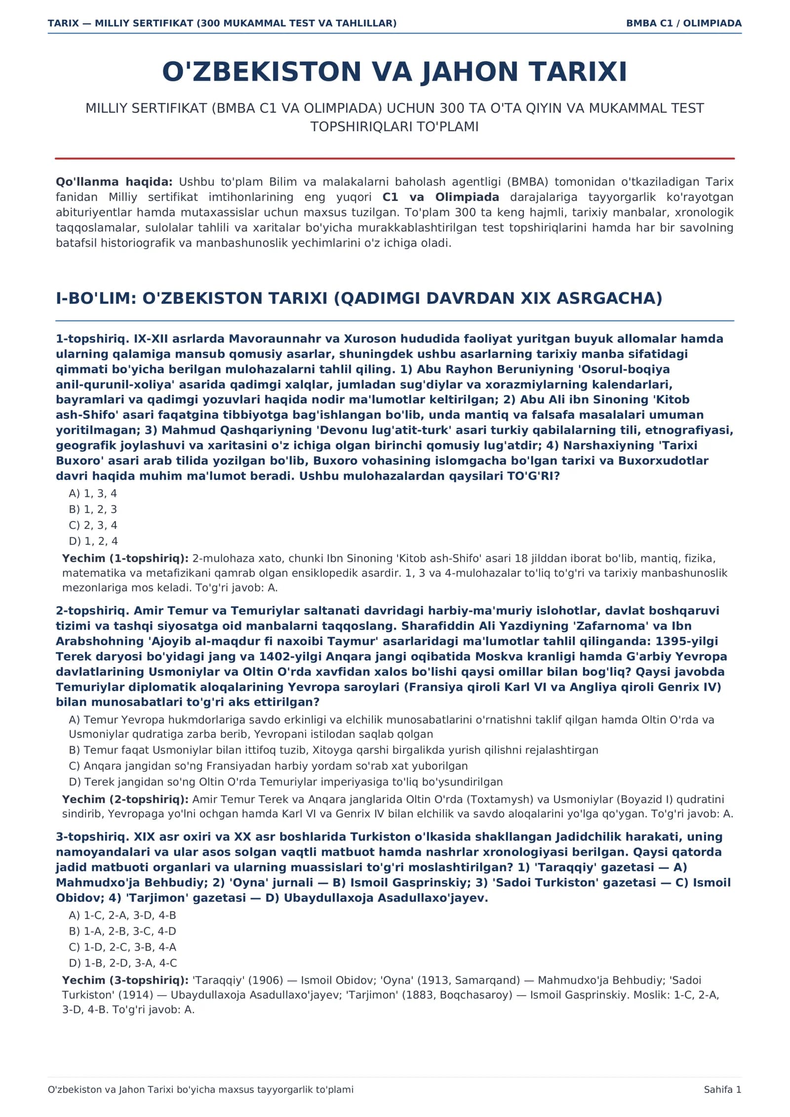 TARIX — MILLIY SERTIFIKAT (300 MUKAMMAL TEST VA TAHLILLAR)