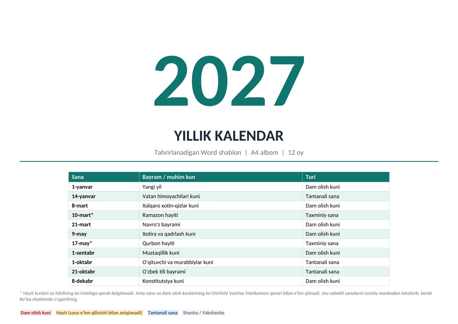 YILLIK KALENDAR