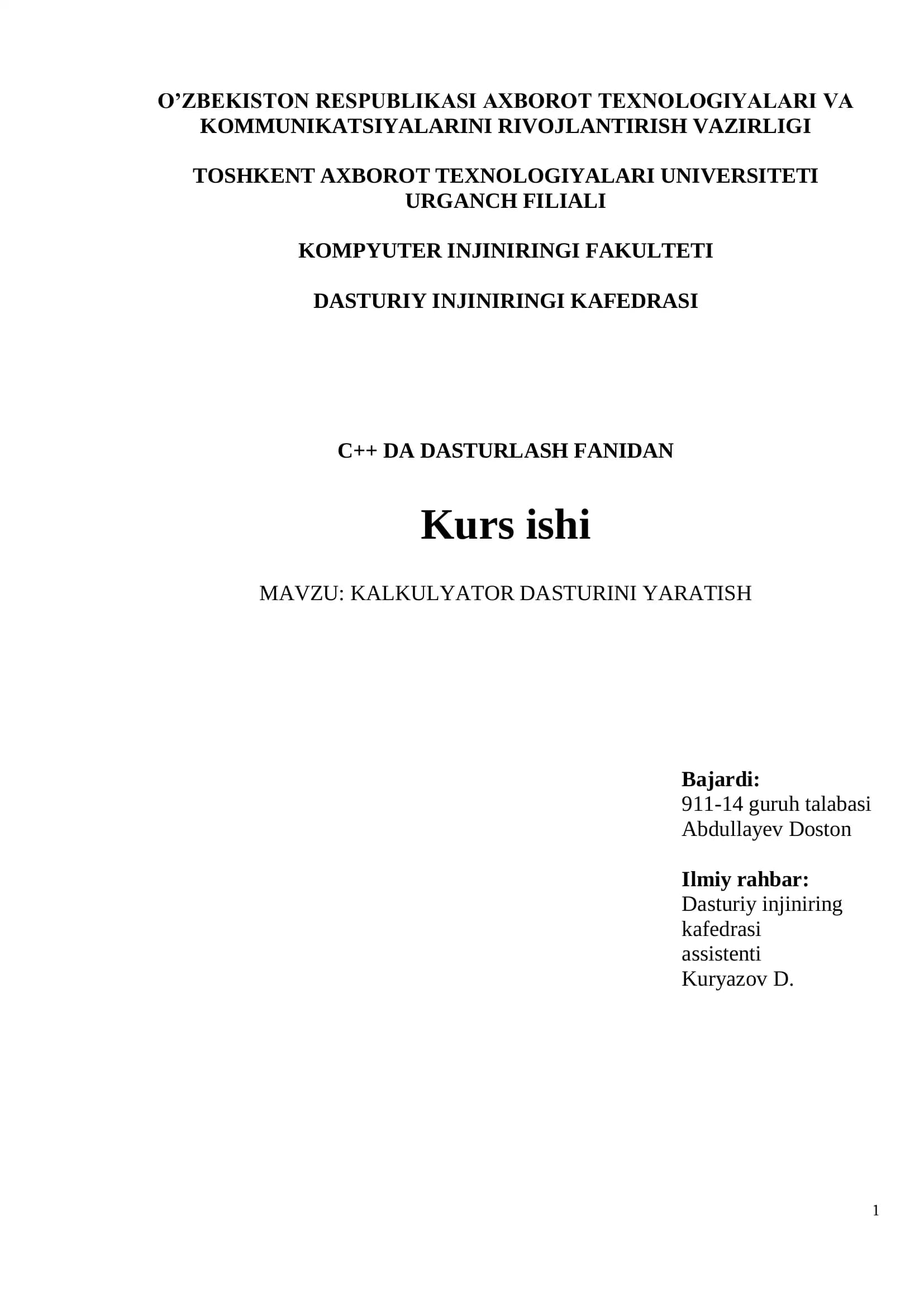 KALKULYATOR DASTURINI YARATISH