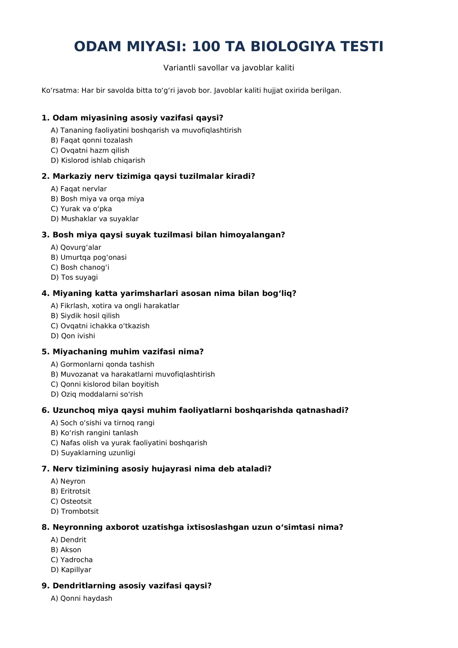 Odam miyasi haqida 100 ta biologiya testi va javoblari