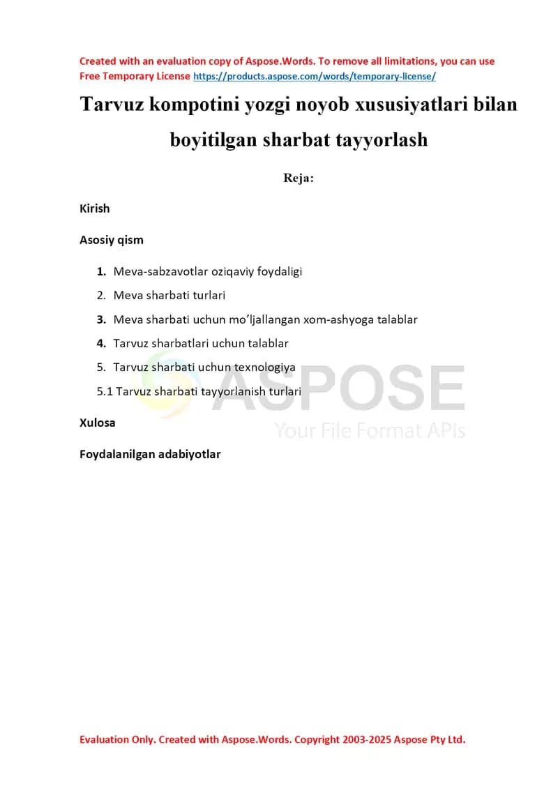 Tarvuz kompotining yozgi noyob xushboy tamli sharbatini tayyorlash