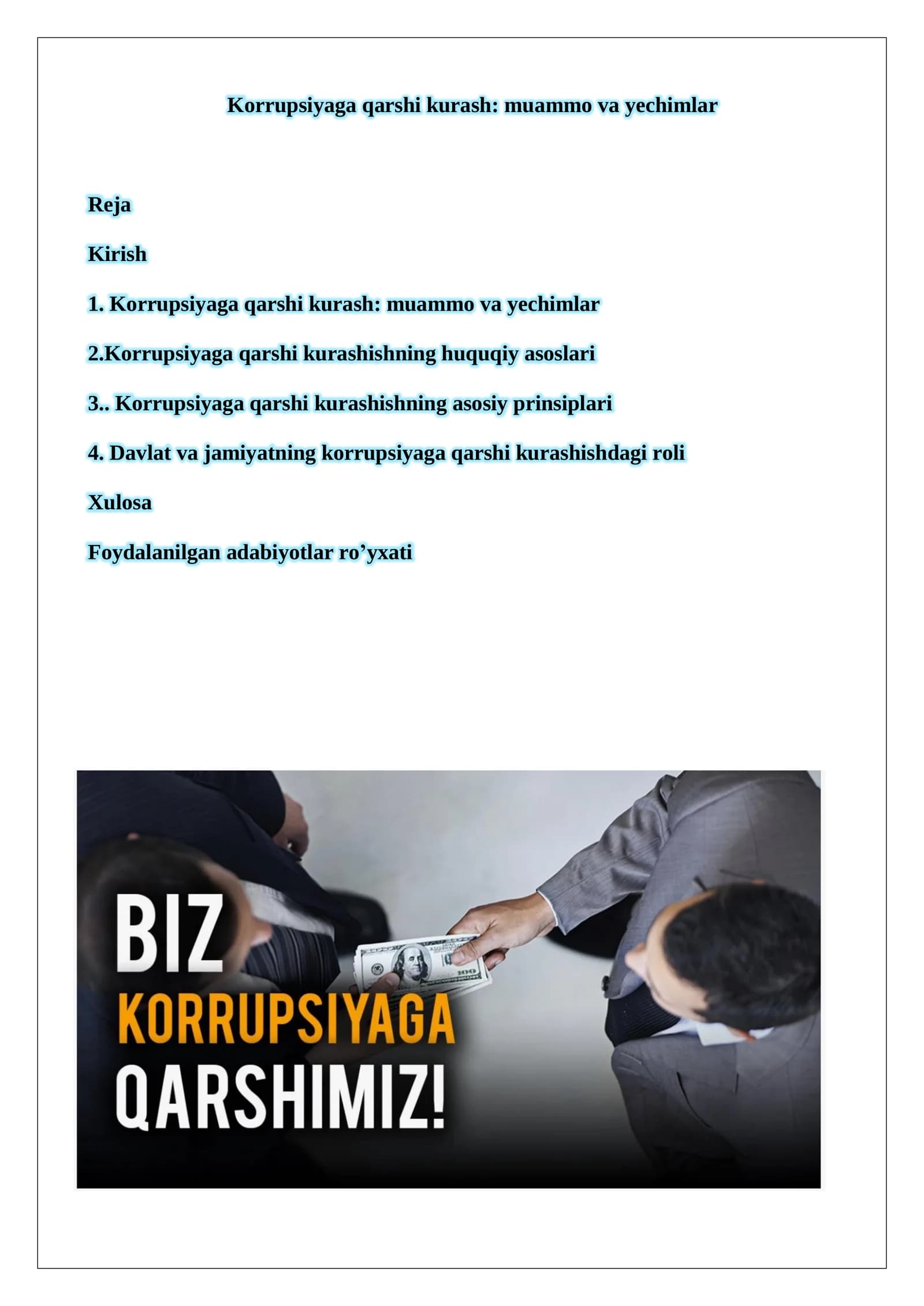 Korrupsiyaga qarshi kurash: muammo va yechimlar